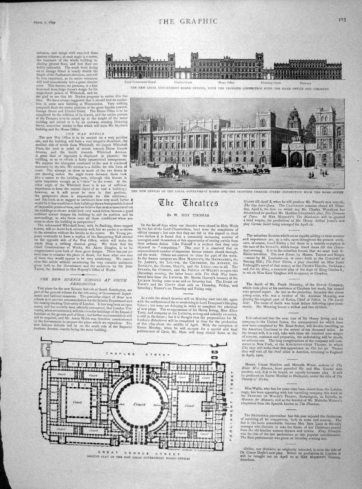 Original Old Antique Print 1899 Local Government Board Offices Treasury Charles