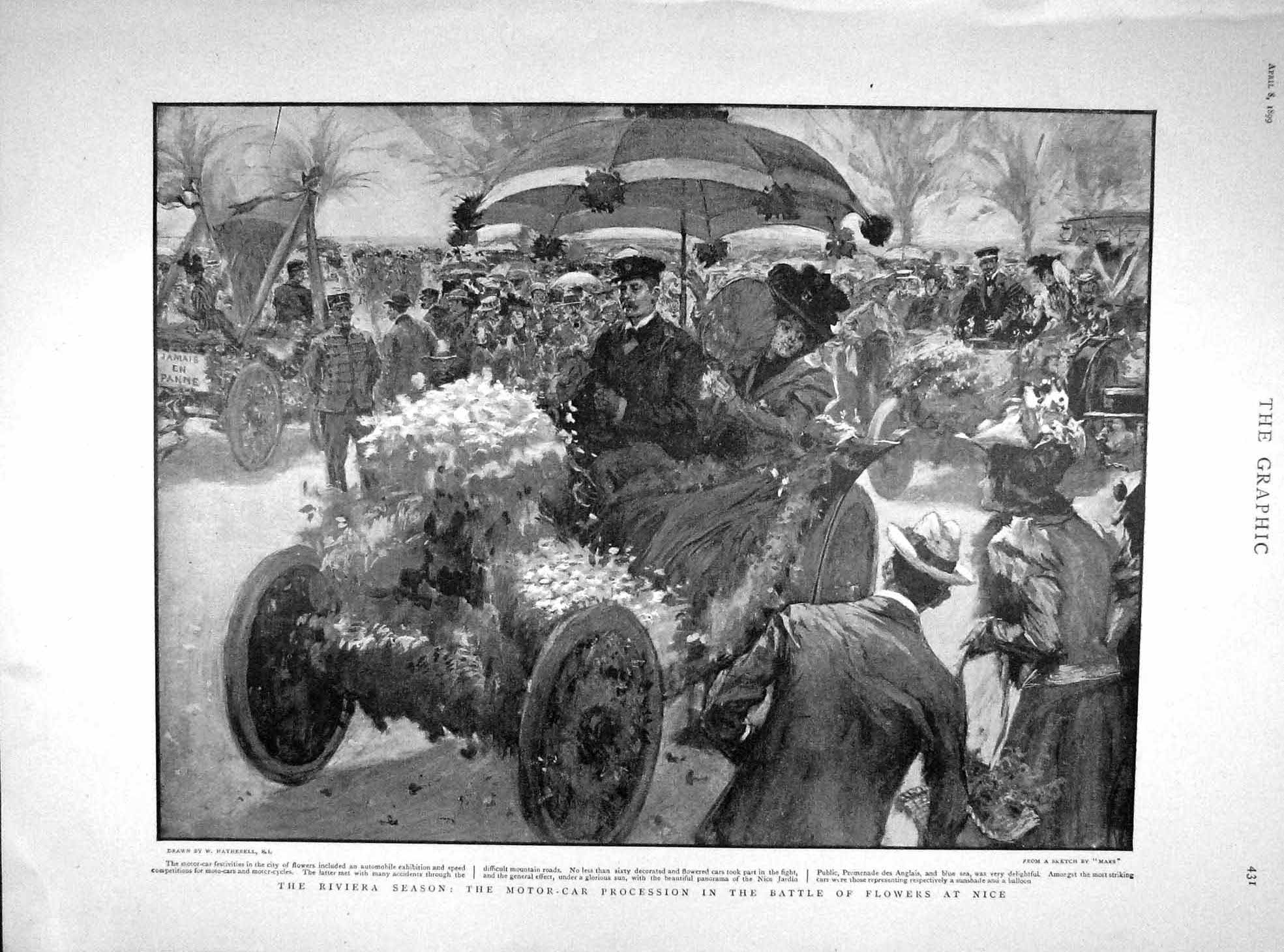 Old Antique Print 1899 Motor Car Battle Flowers Nice Palm Crab South Sea 19th