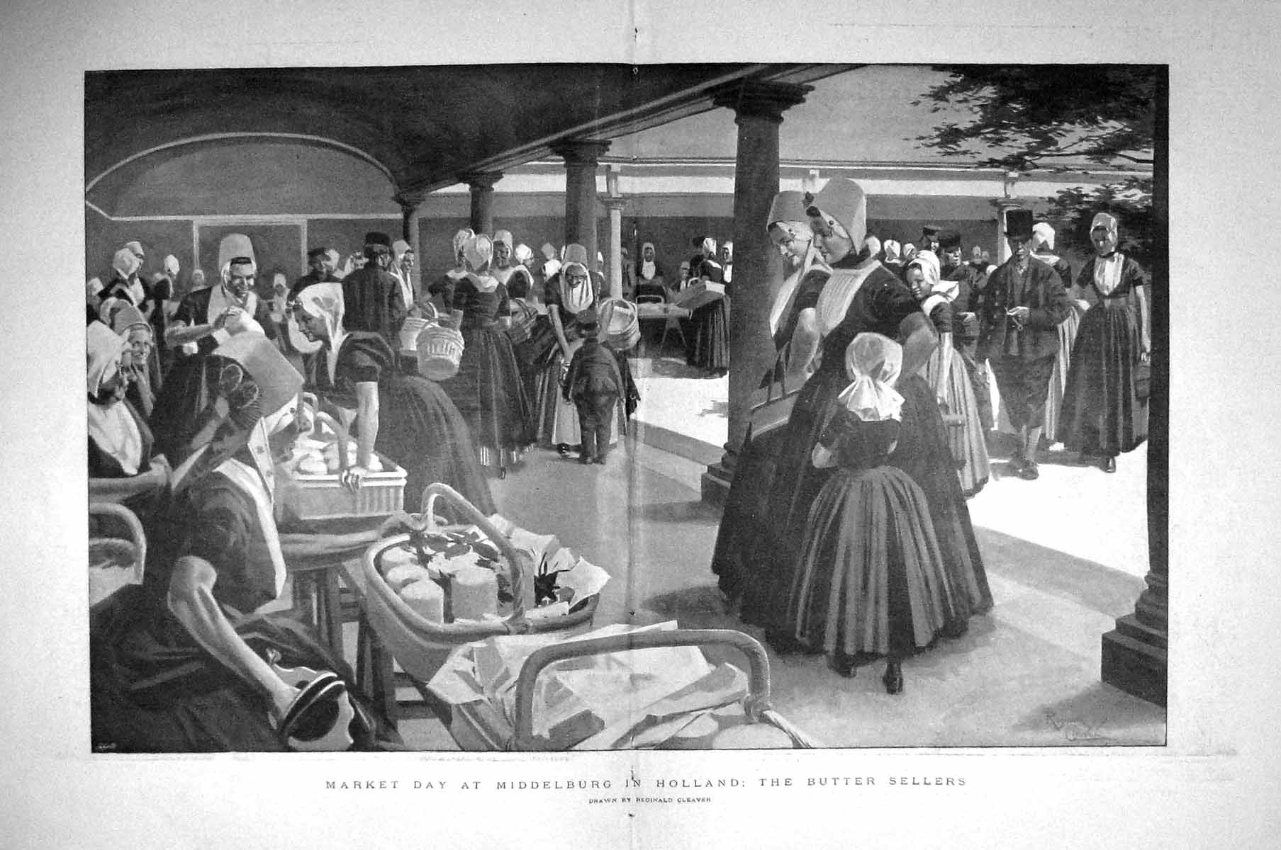 Original Old Antique Print 1899 Market Day Middelburg Holland Butter Sellers