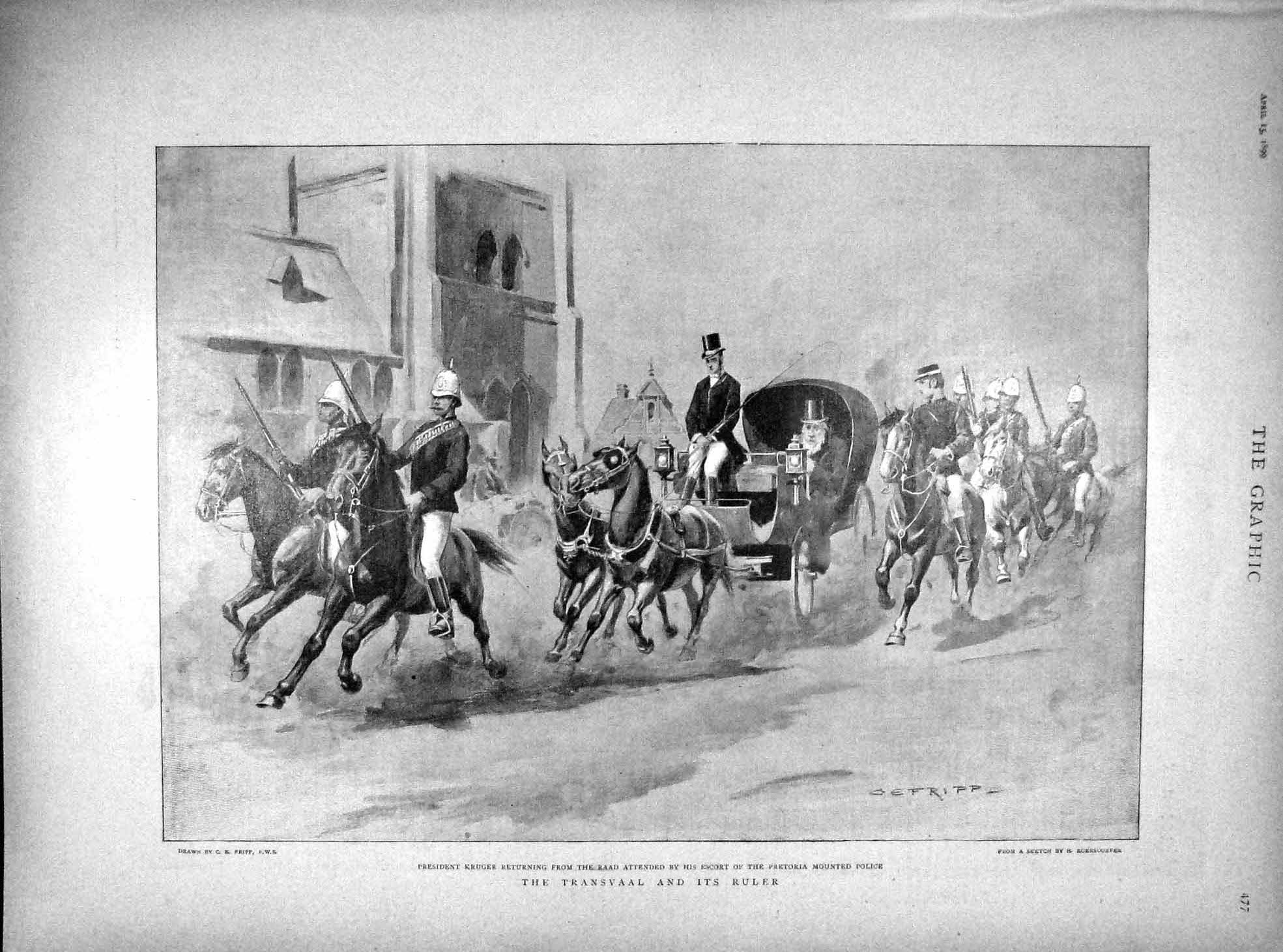 Original Old Antique Print 1899 President Kruger Raad Pretoria Mounted Police