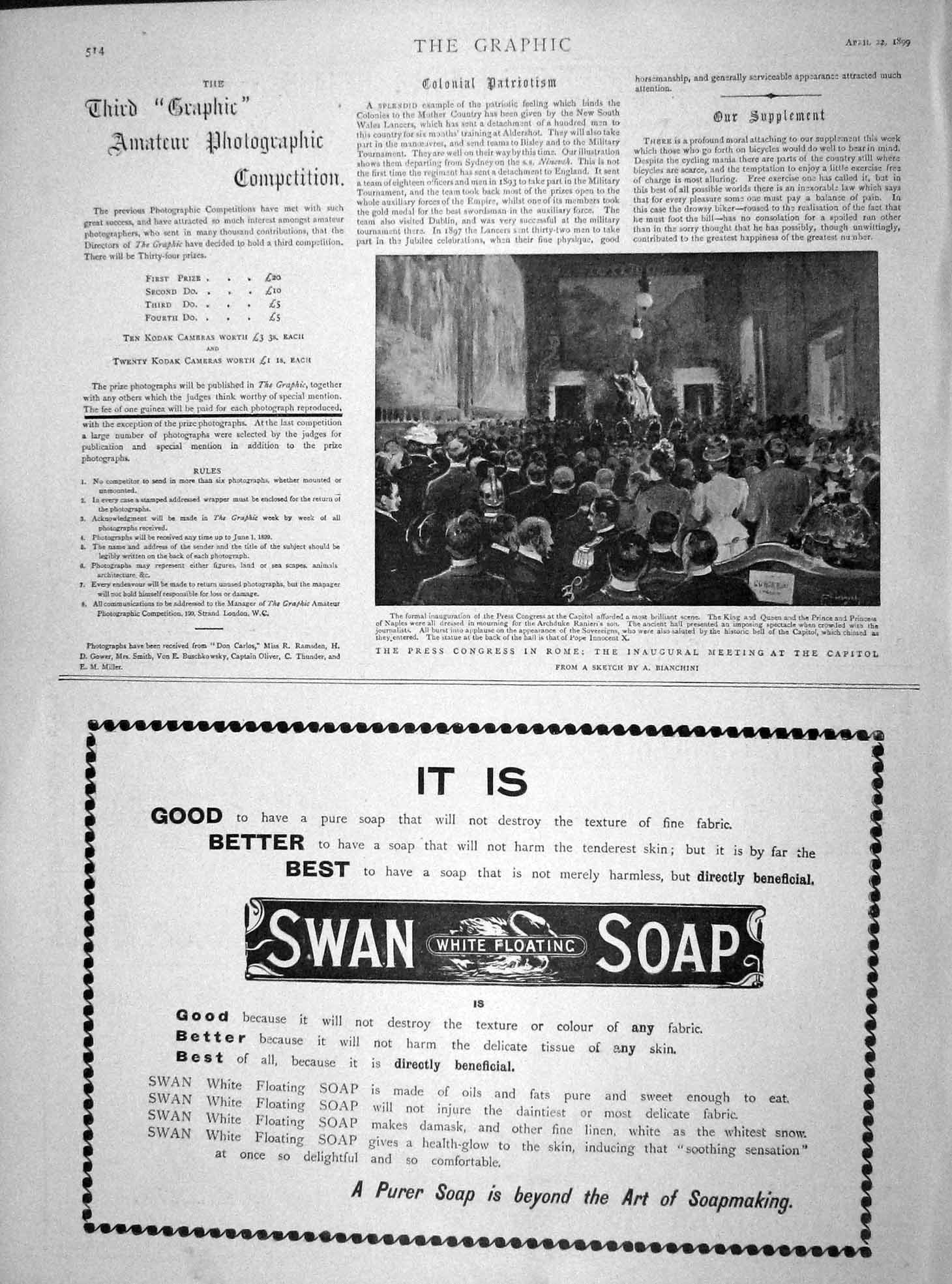 Original Old Antique Print 1899 Press Congres Rome Meeting Capitol King Naples