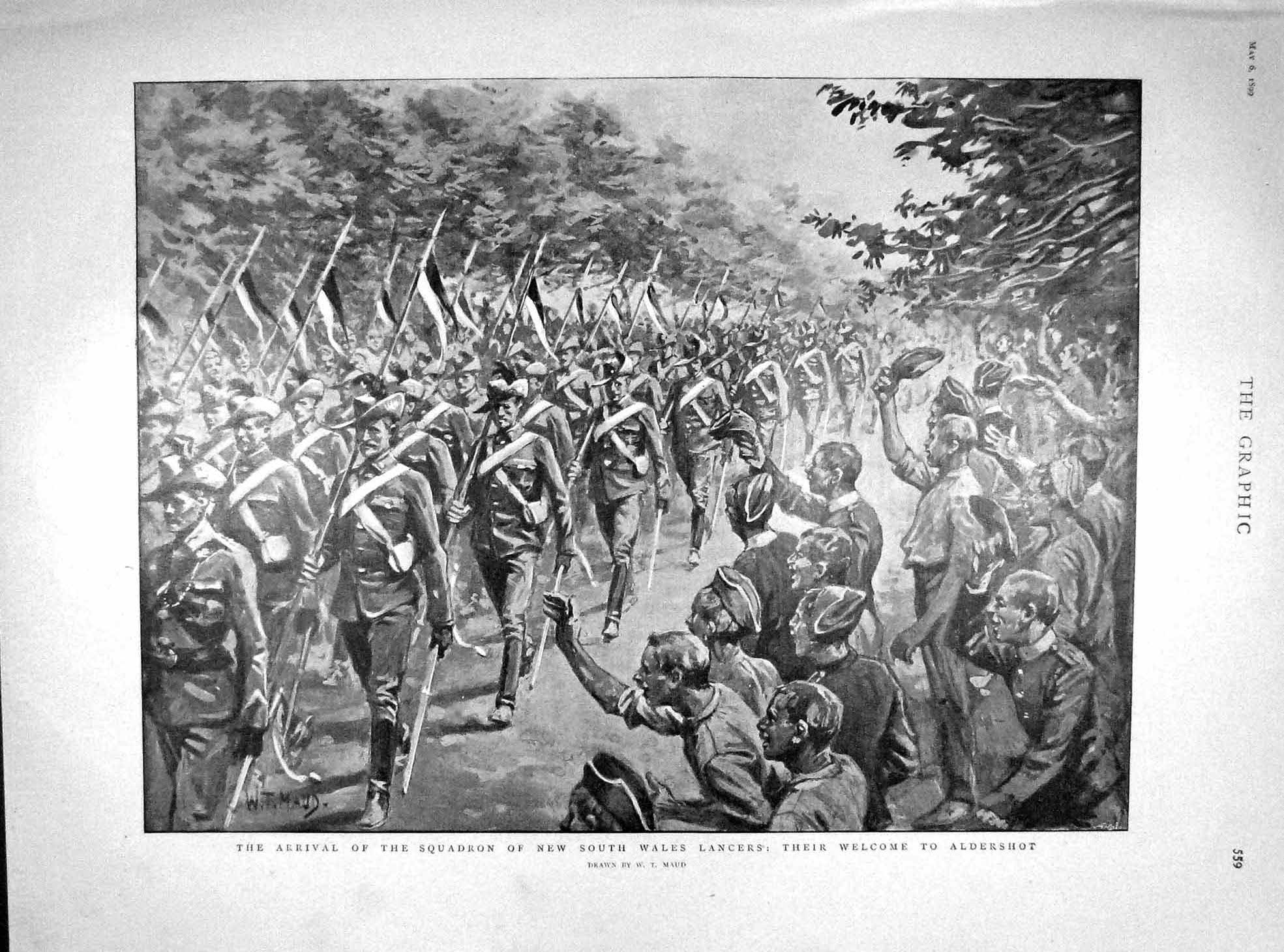 Original Old Antique Print 1899 South Wales Alncers Aldershot War Siers 19th