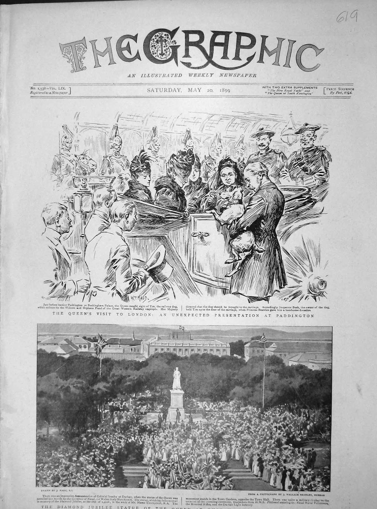 Old Antique Print 1899 Queen Paddington London Coach Statue Durban Natal 19th