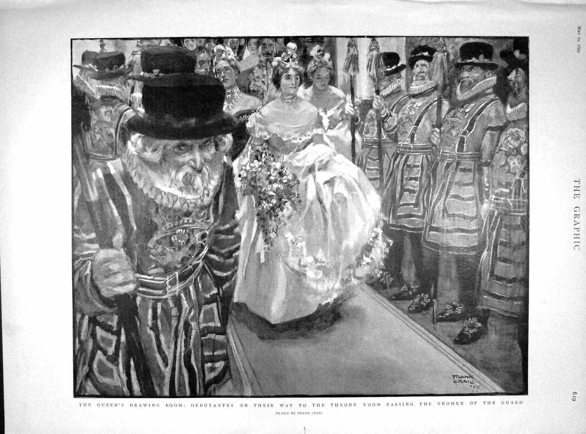 Original Old Antique Print 1899 Queen Drawing Room Debutantes Yeomen Guard 19th