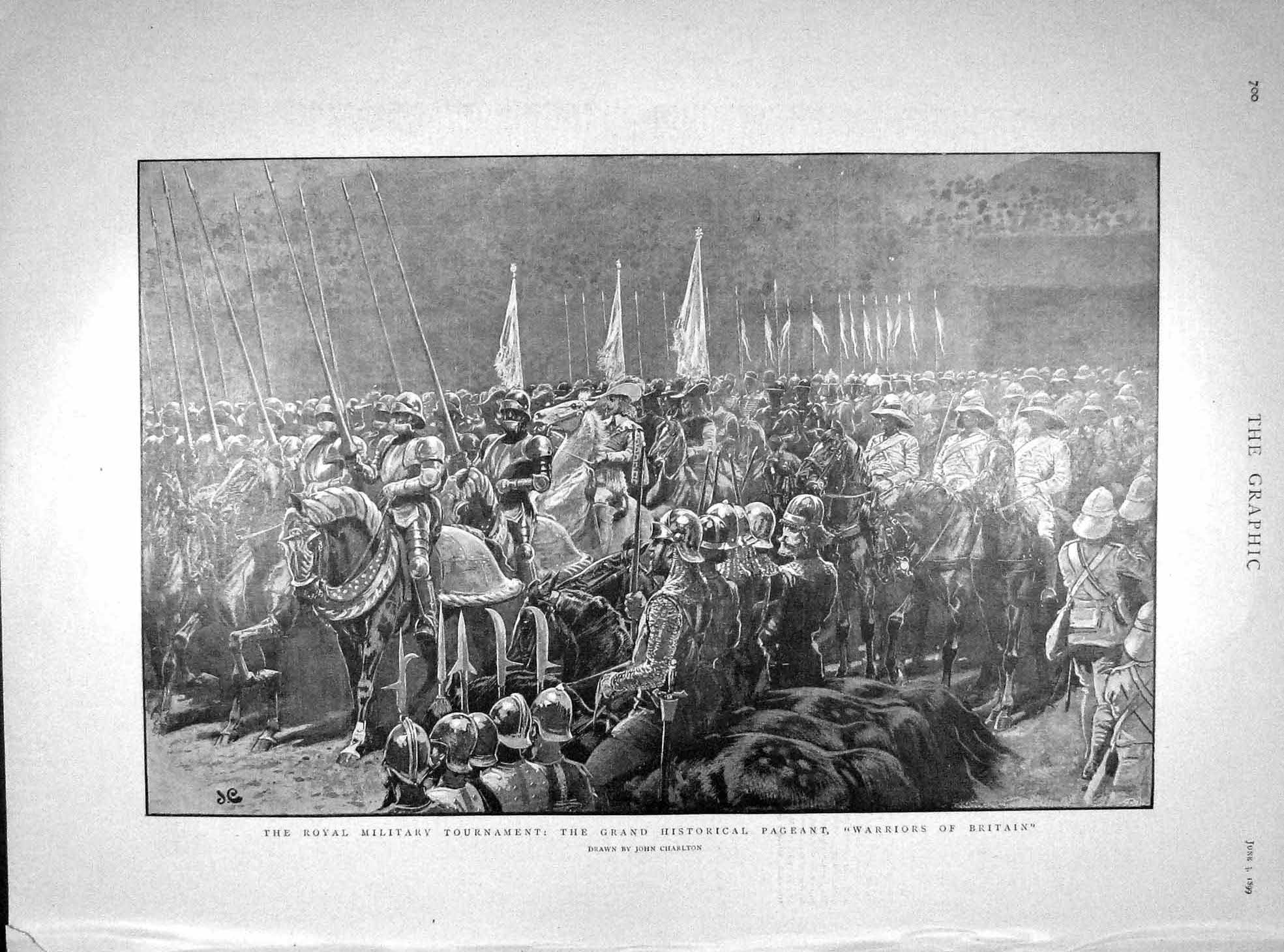 Old Antique Print 1899 Historical Pageant Warriors Britain Military Horse 19th