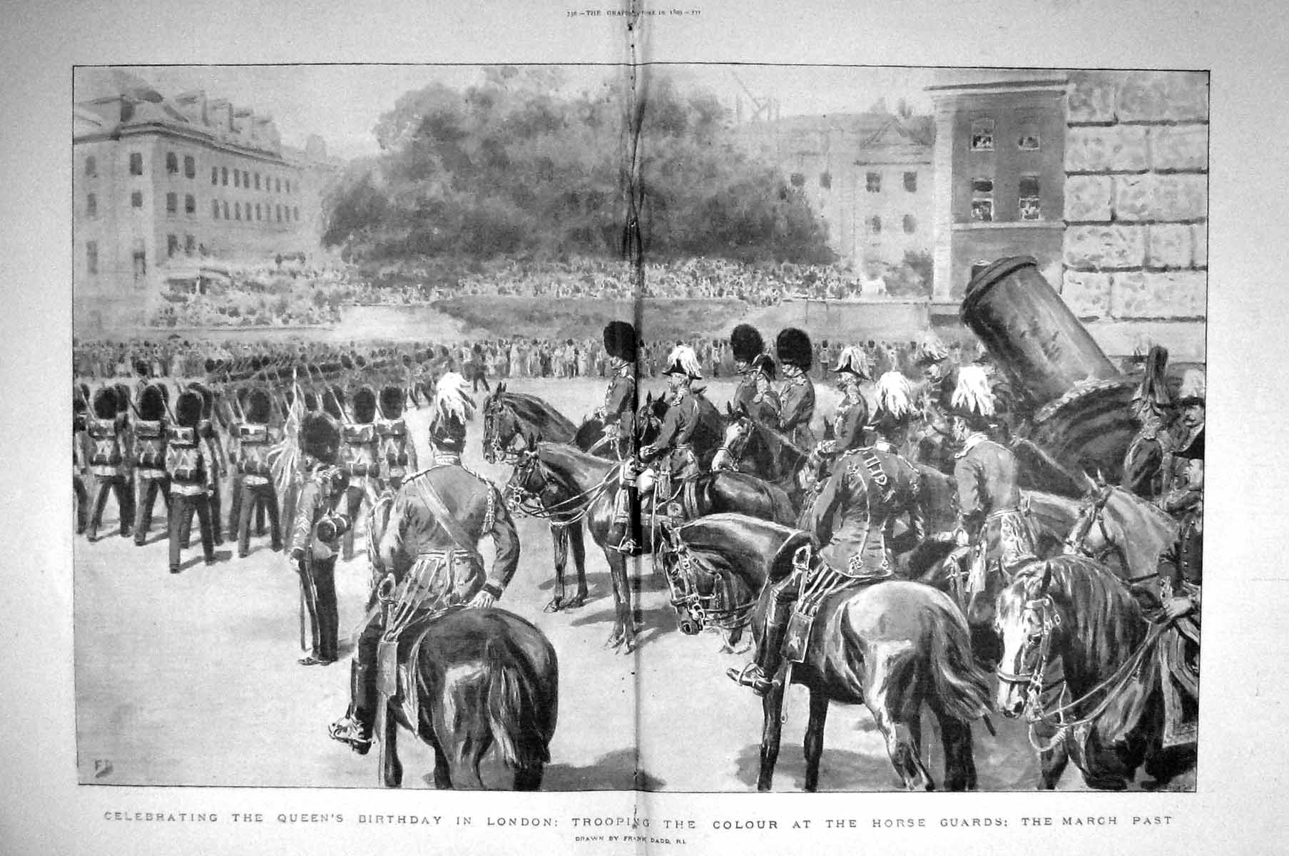 Antique Old Print 1899 Queen Birthday London Horse Guards Trooping Colour 19th