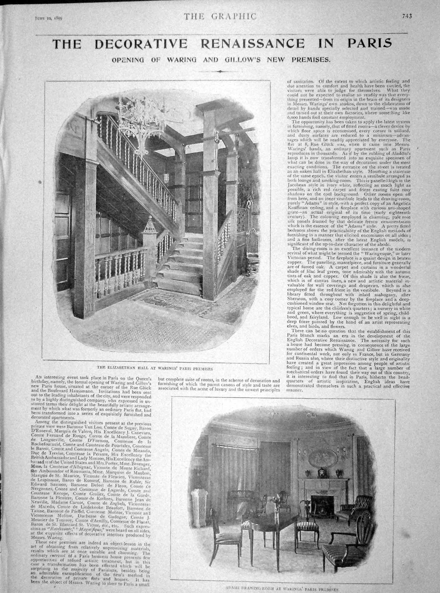 Old Antique Print 1899 Renaissance Paris Elizabethan Hall Warings Adams 19th
