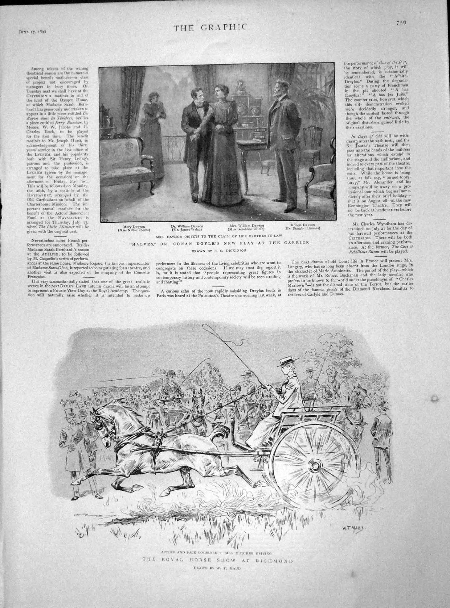 Original Old Antique Print 1899 Horse Show Richmond Conan Doyle Theatre Loubet