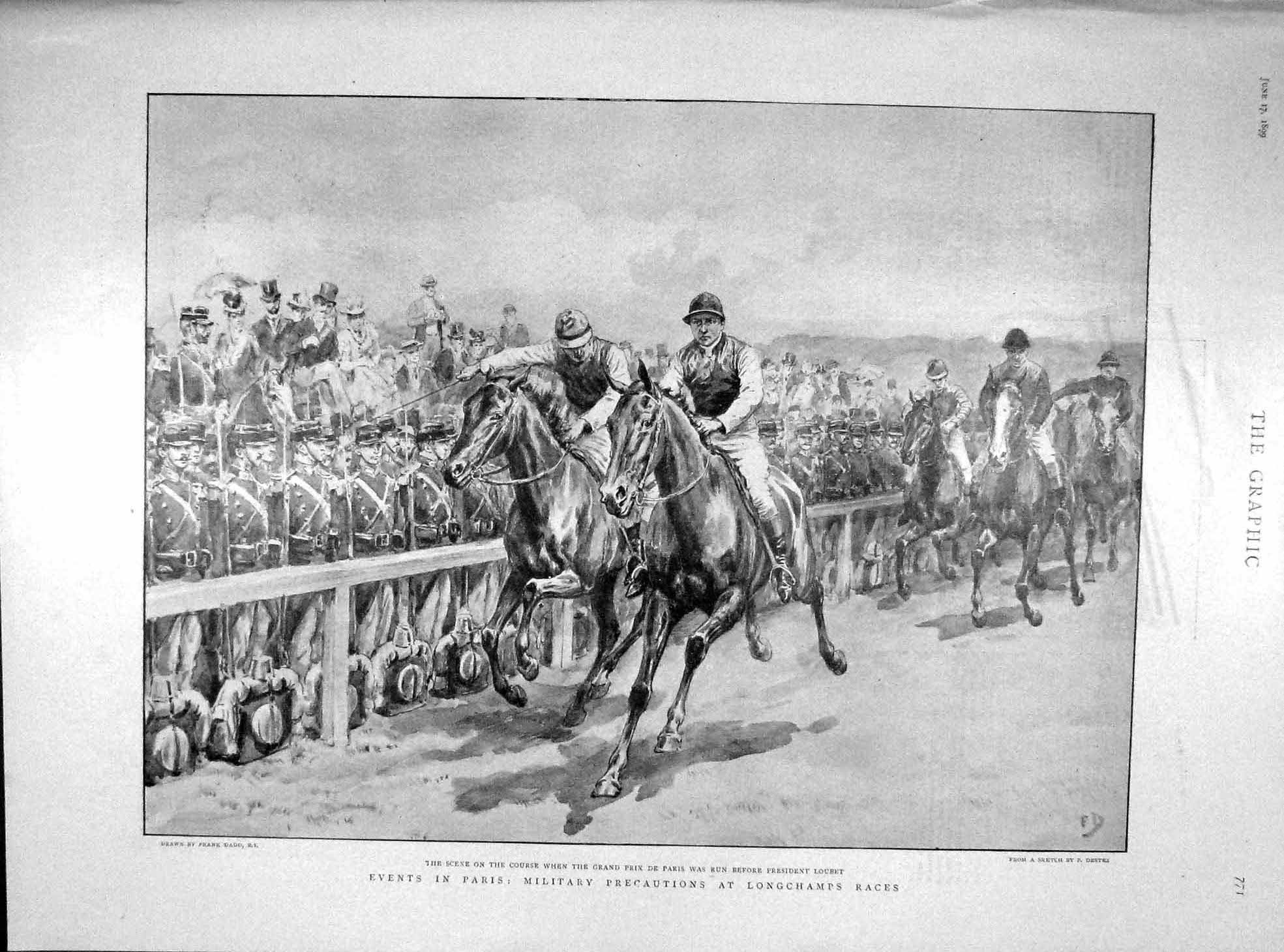 Original Old Antique Print 1899 Paris Military Siers Longchamps Loubet Horses