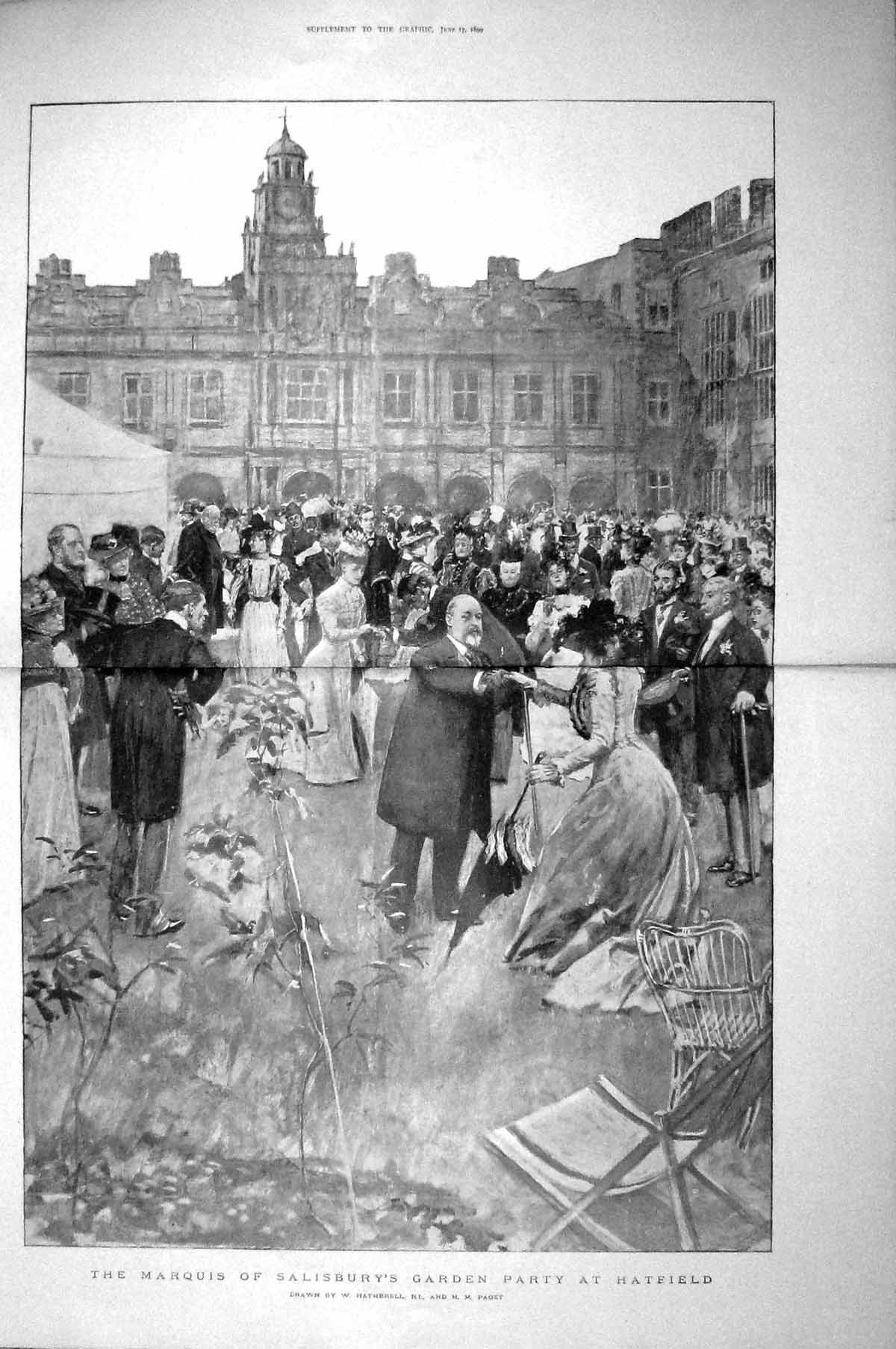 Original Old Antique Print 1899 Marquis Salisbury Garden Party Hatfield Paget