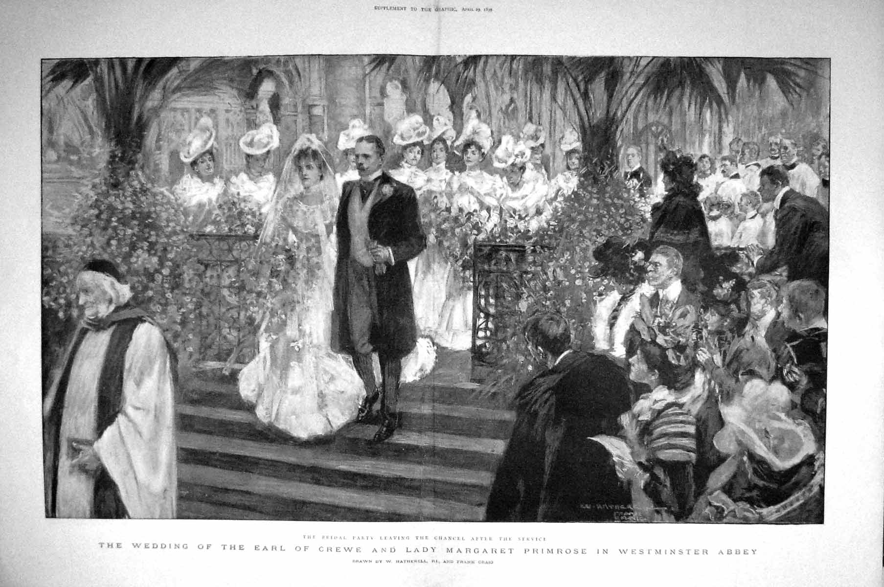 Antique Old Print 1899 Wedding Earl Crewe Lady Primrose Westminster Abbey 19th