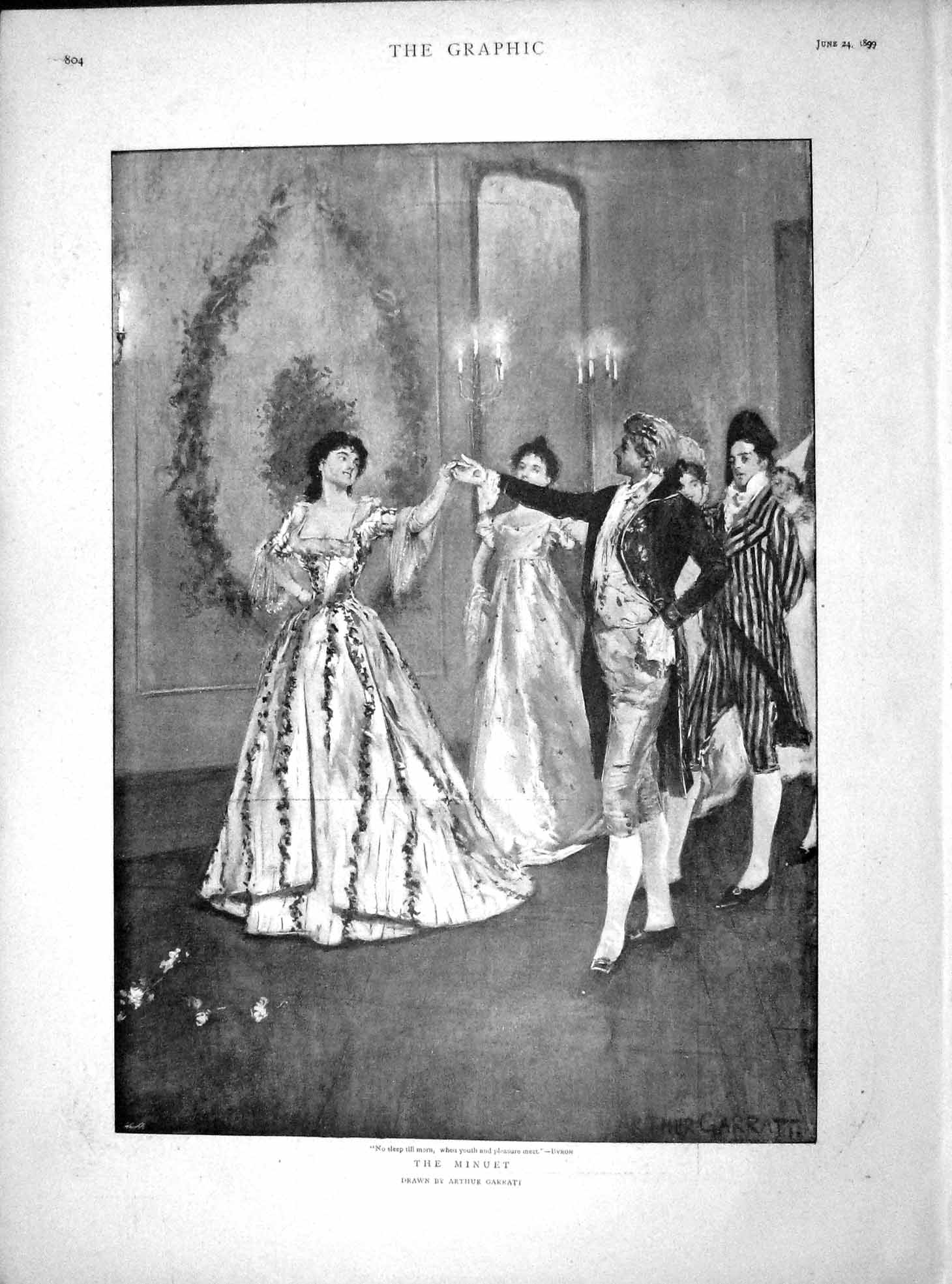 Original Old Antique Print 1899 Minuet Man Lady Romance Dancing 19th