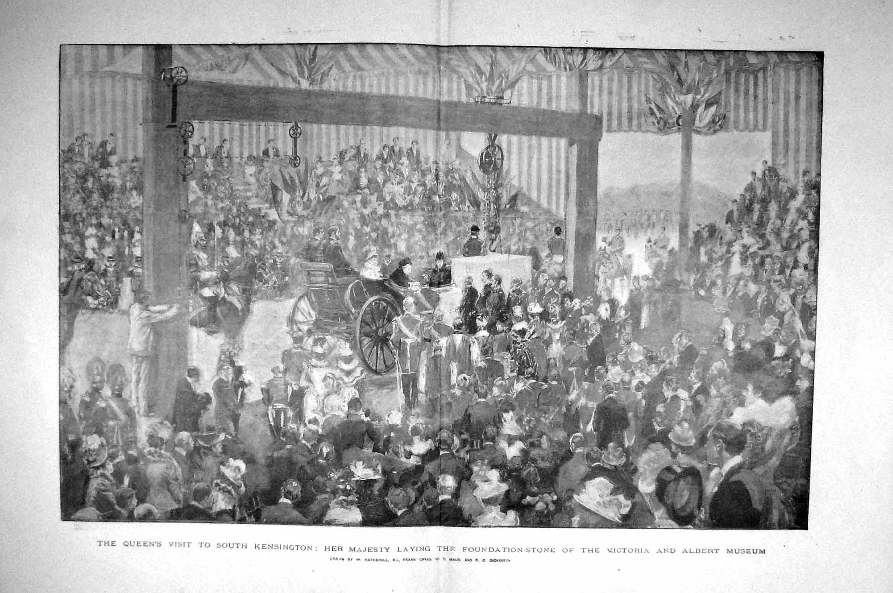 Antique Old Print 1899 Queen Kensington Victoria Albert Museum Foundation 19th