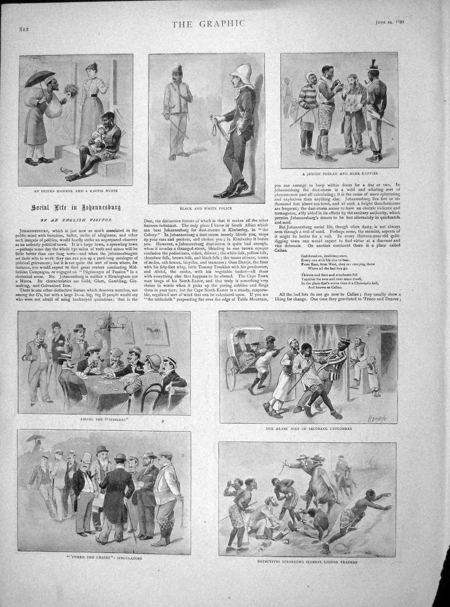Original Old Antique Print 1899 Johannesburg Kaffirs Nurse Hawker Boer Africa