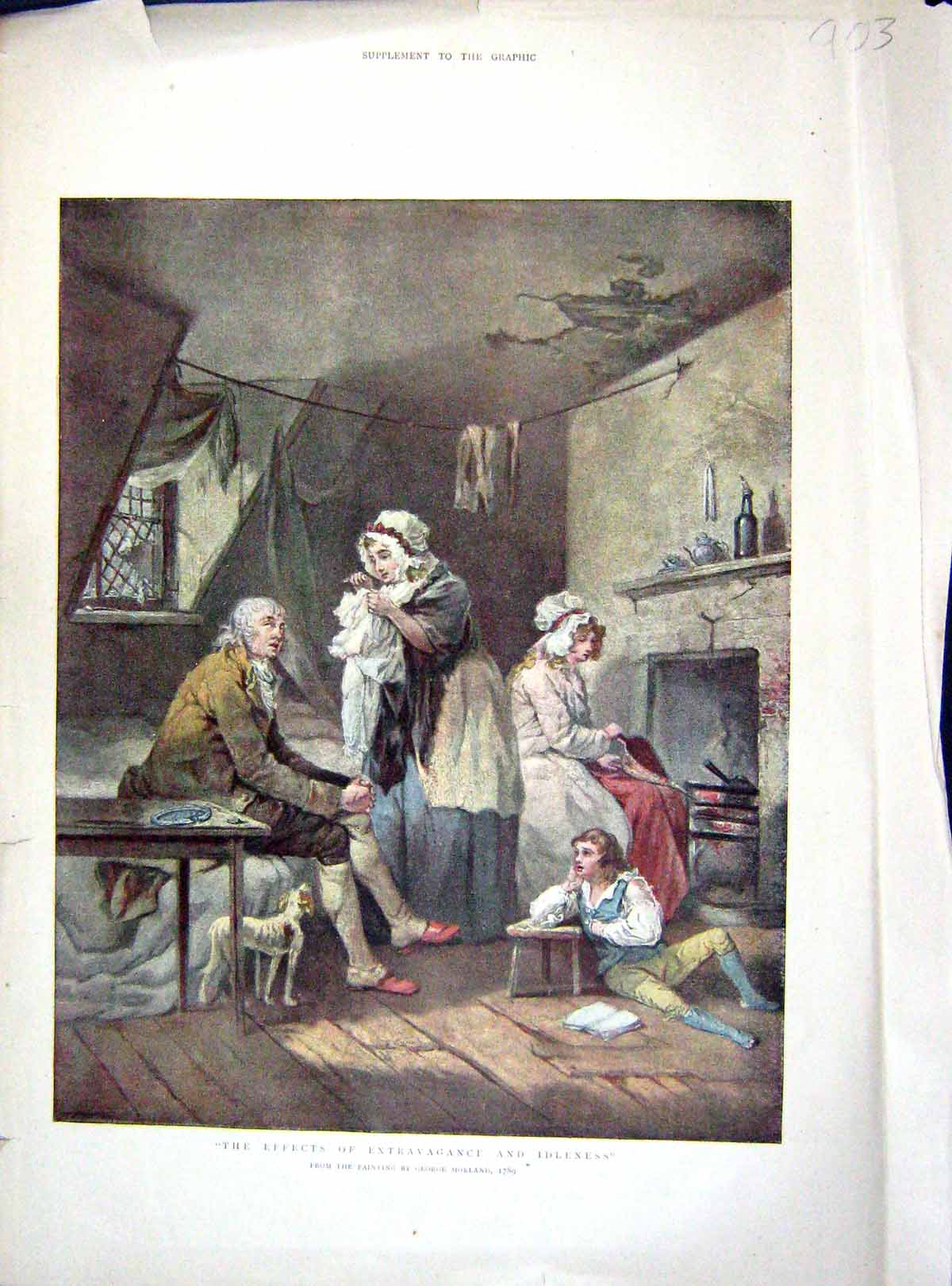Old Antique Print 1899 Poor Family Home Extravagance Fire Bellows Colour 19th