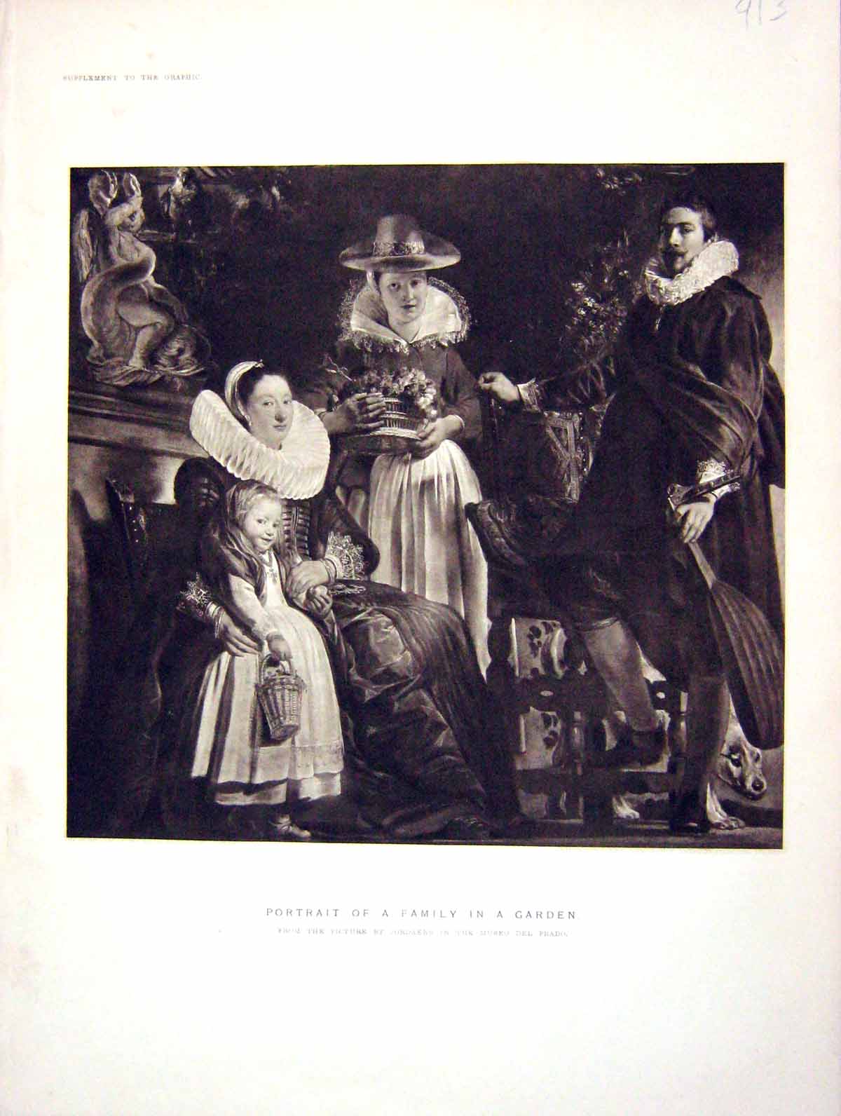 Original Old Antique Print 1899 Portrait Family Garden Scene s 19th