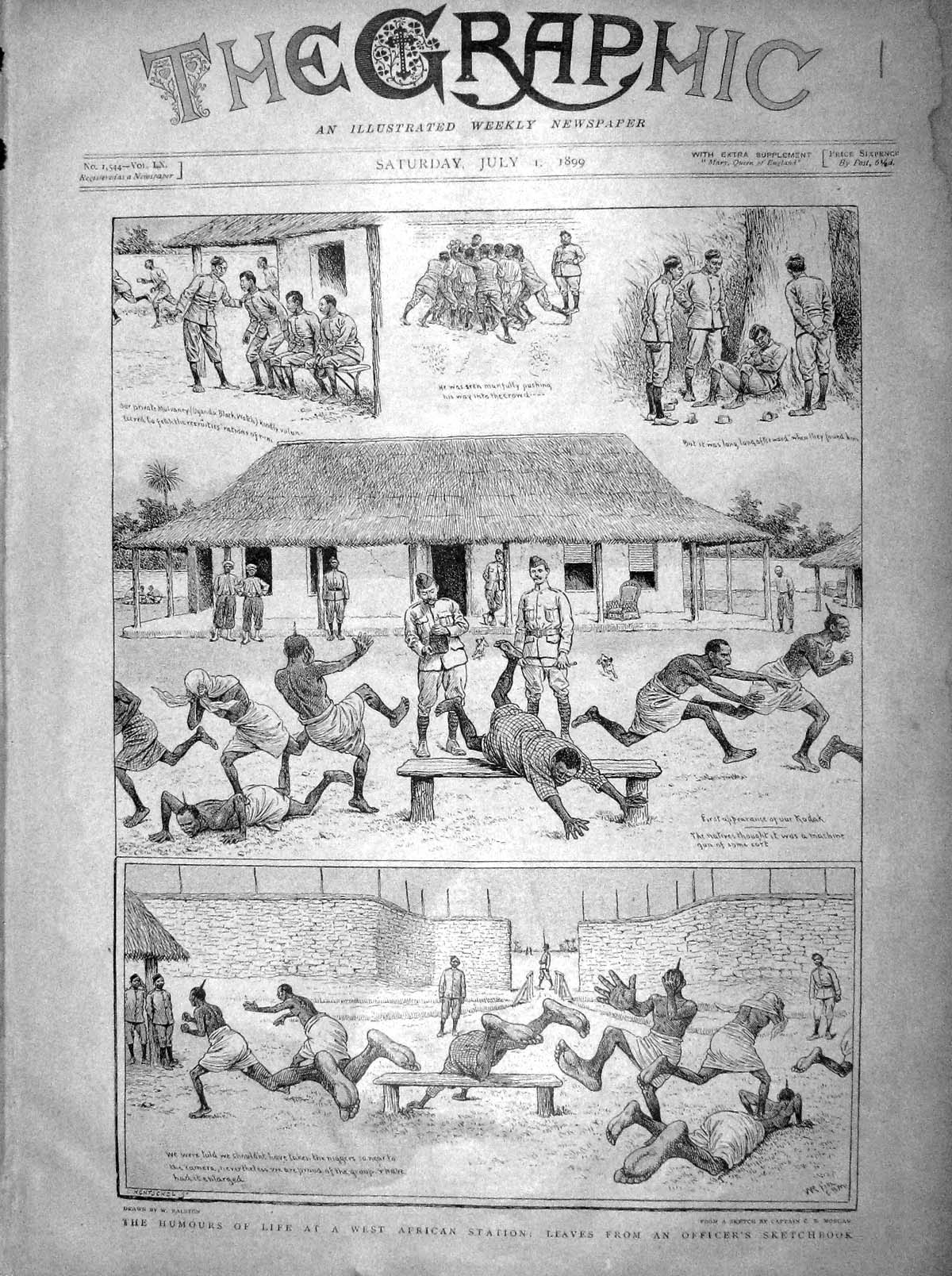 Original Old Antique Print 1899 West African Station War Officers Natives Sport