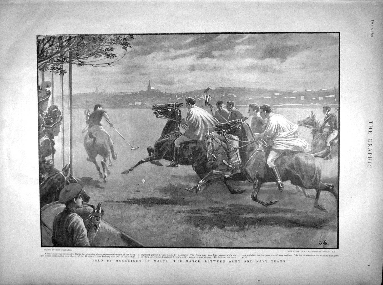 Original Old Antique Print 1899 Polo Malta Army Navy Teams Portsmouth Dockyard