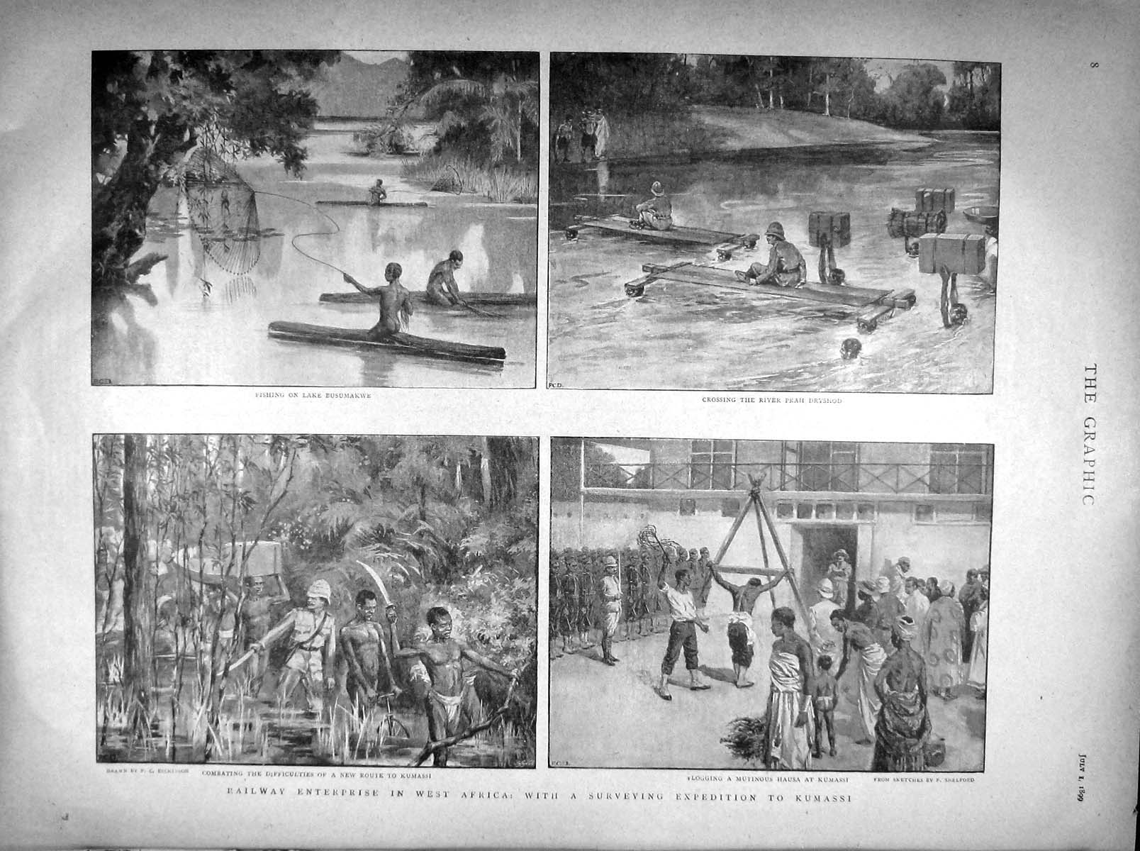 Old Antique Print 1899 Fishing Busumakwe River Prah Kumassi Africa Whale 19th