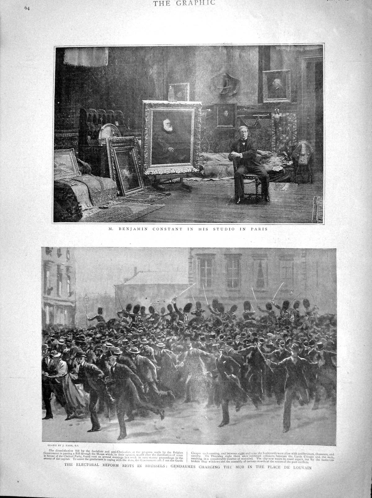 Original Old Antique Print 1899 Benjamin Constant Art Studio Paris Riots B 19th