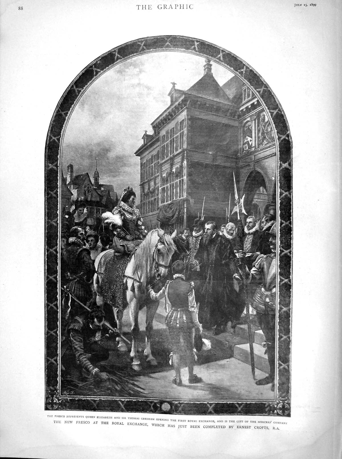 Old Antique Print 1899 Fresco Royal Exchange Queen Gresham Harry Johnston 19th