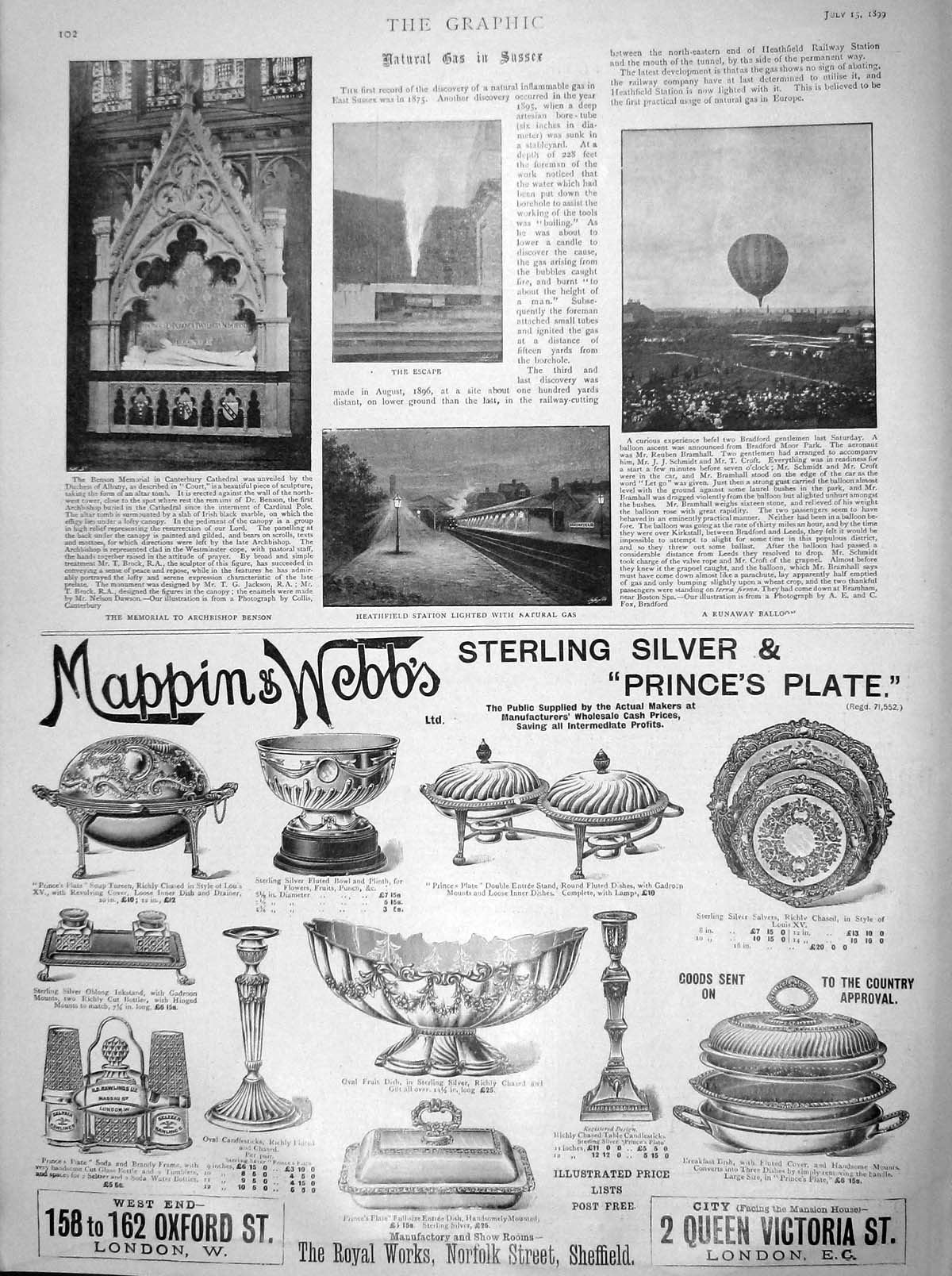 Original Old Antique Print 1899 Memorial Archbishop Benson Natural Gas Balloon
