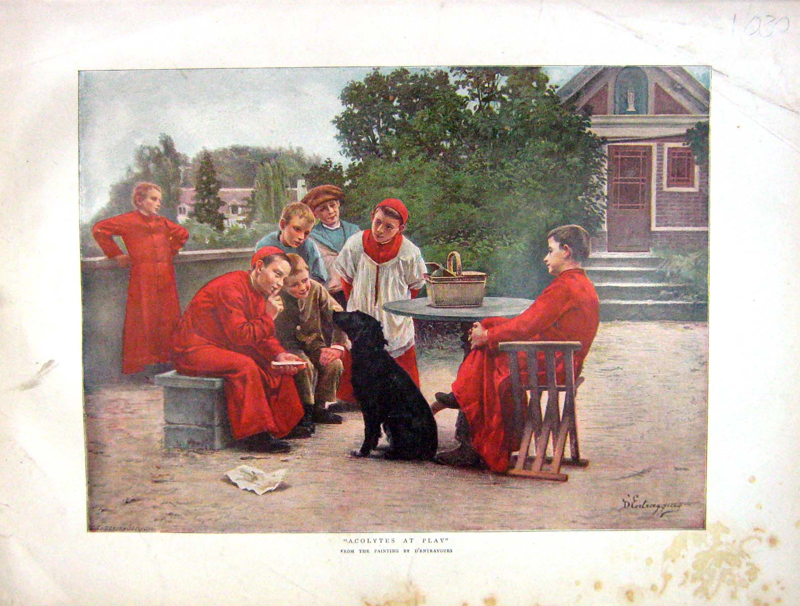 Original Old Antique Print 1899 Colour Scene Acolytes Play Young Boys Dog 19th
