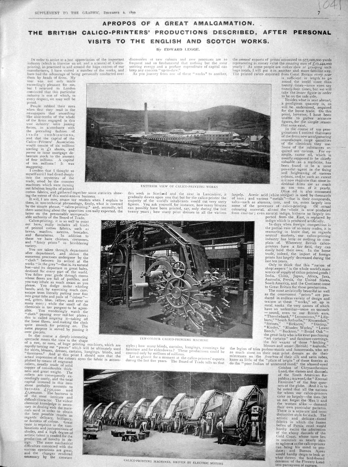 Original Old Antique Print 1899 British Calico Ing Works Electric Motors 19th