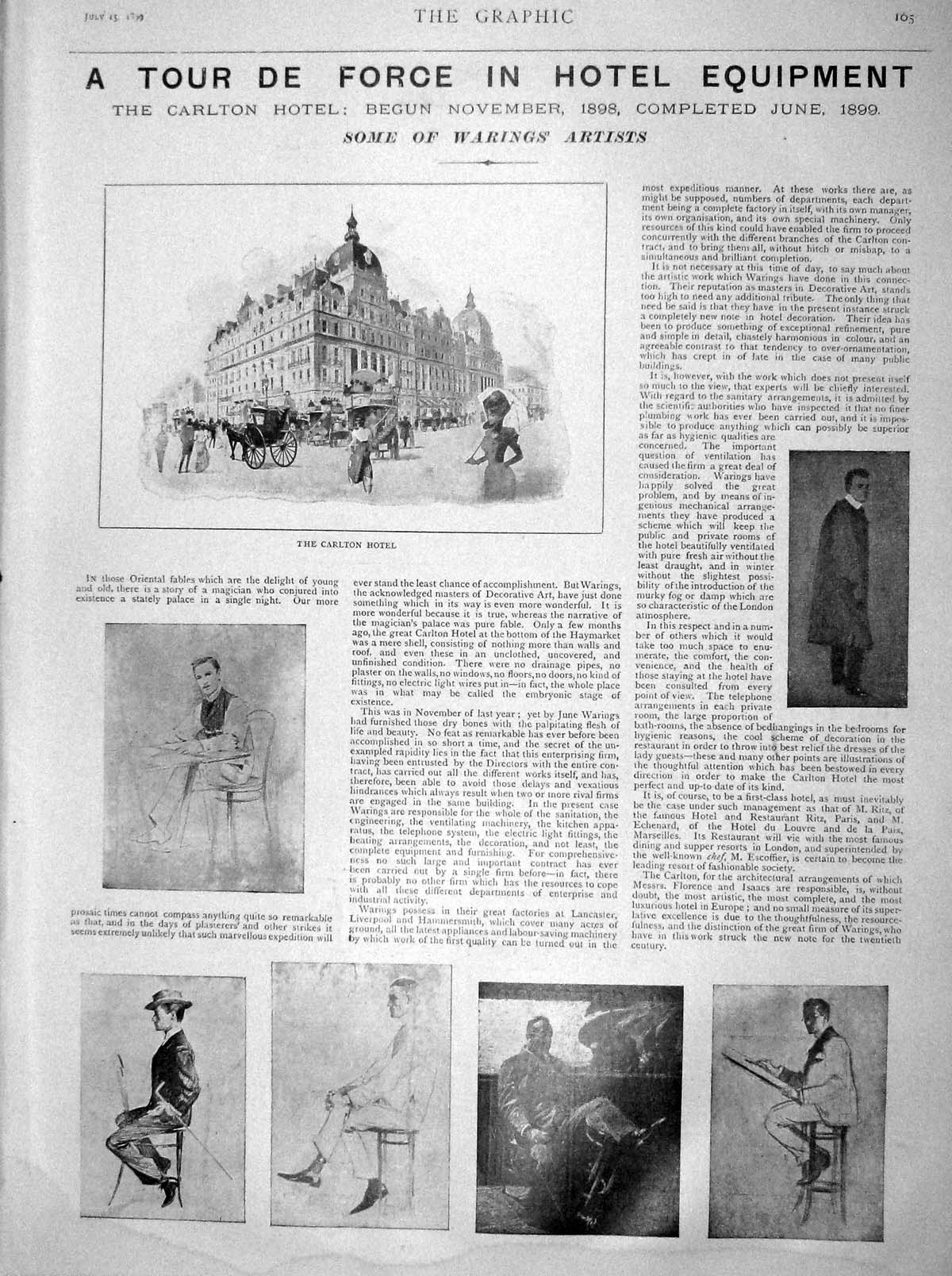 Original Old Antique Print 1899 Carlton Hotel Warings Artists Archi Victorian