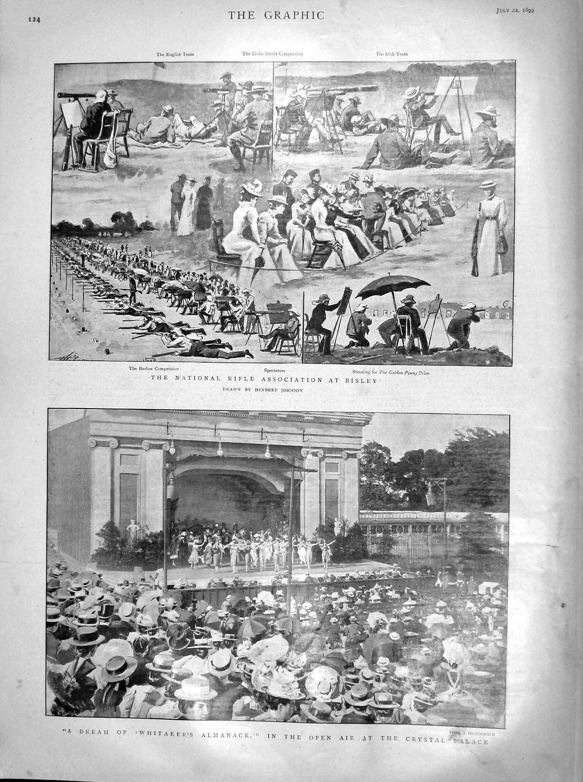 Original Old Antique Print 1899 Rifle Association Bisley Barlow Crystal Palace