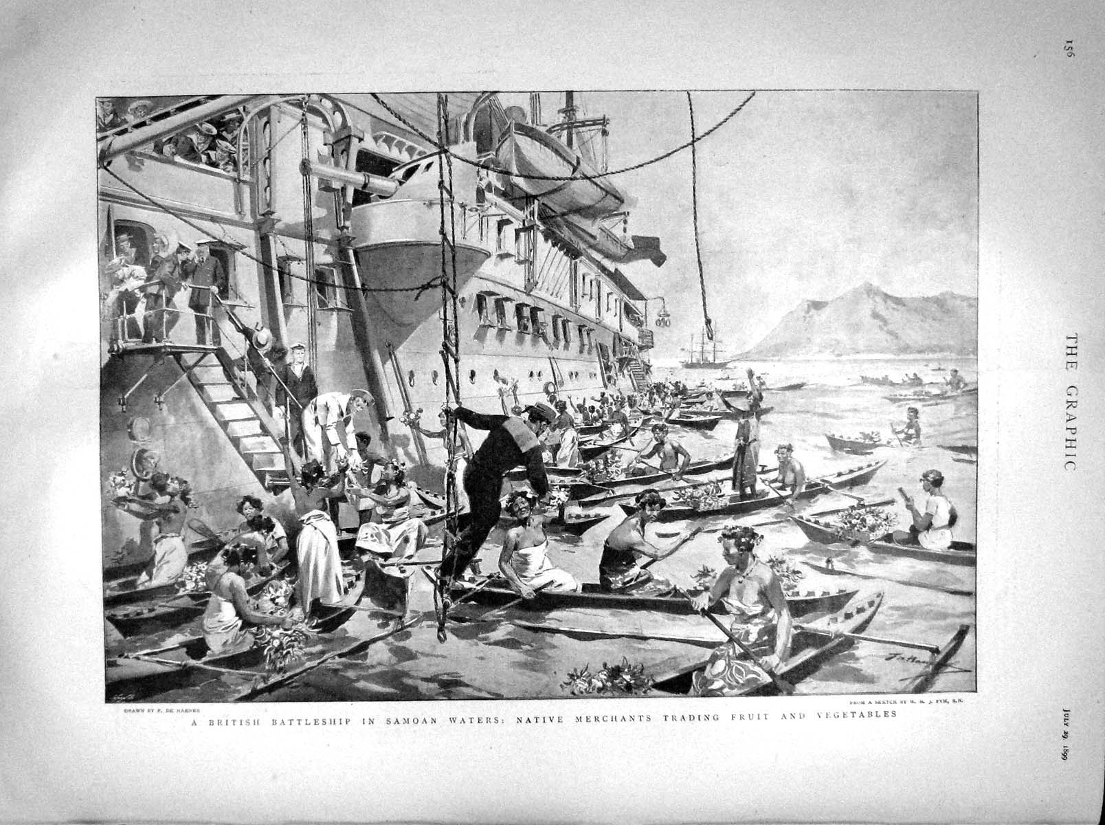 Original Old Antique Print 1899 British Battle Ship Samoa Fruit Bullfinch 19th