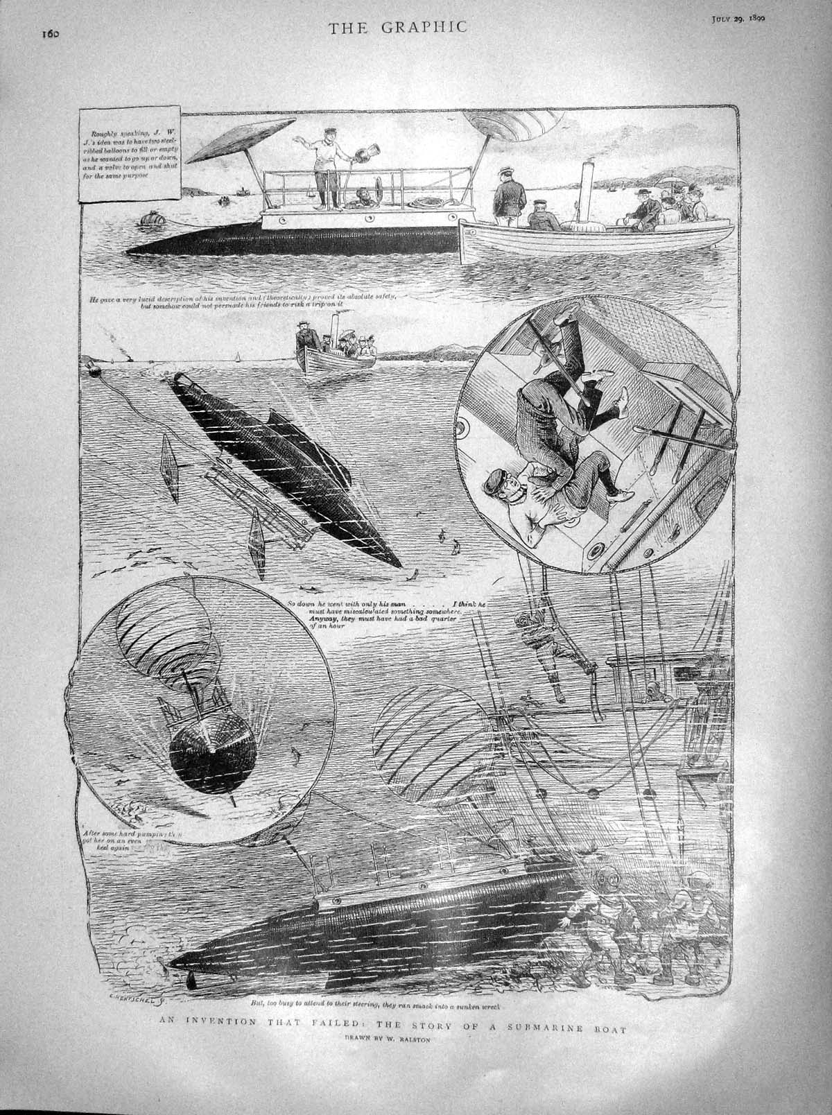 Original Old Antique Print 1899 Submarine Boat Invention Sailors Navy Victorian