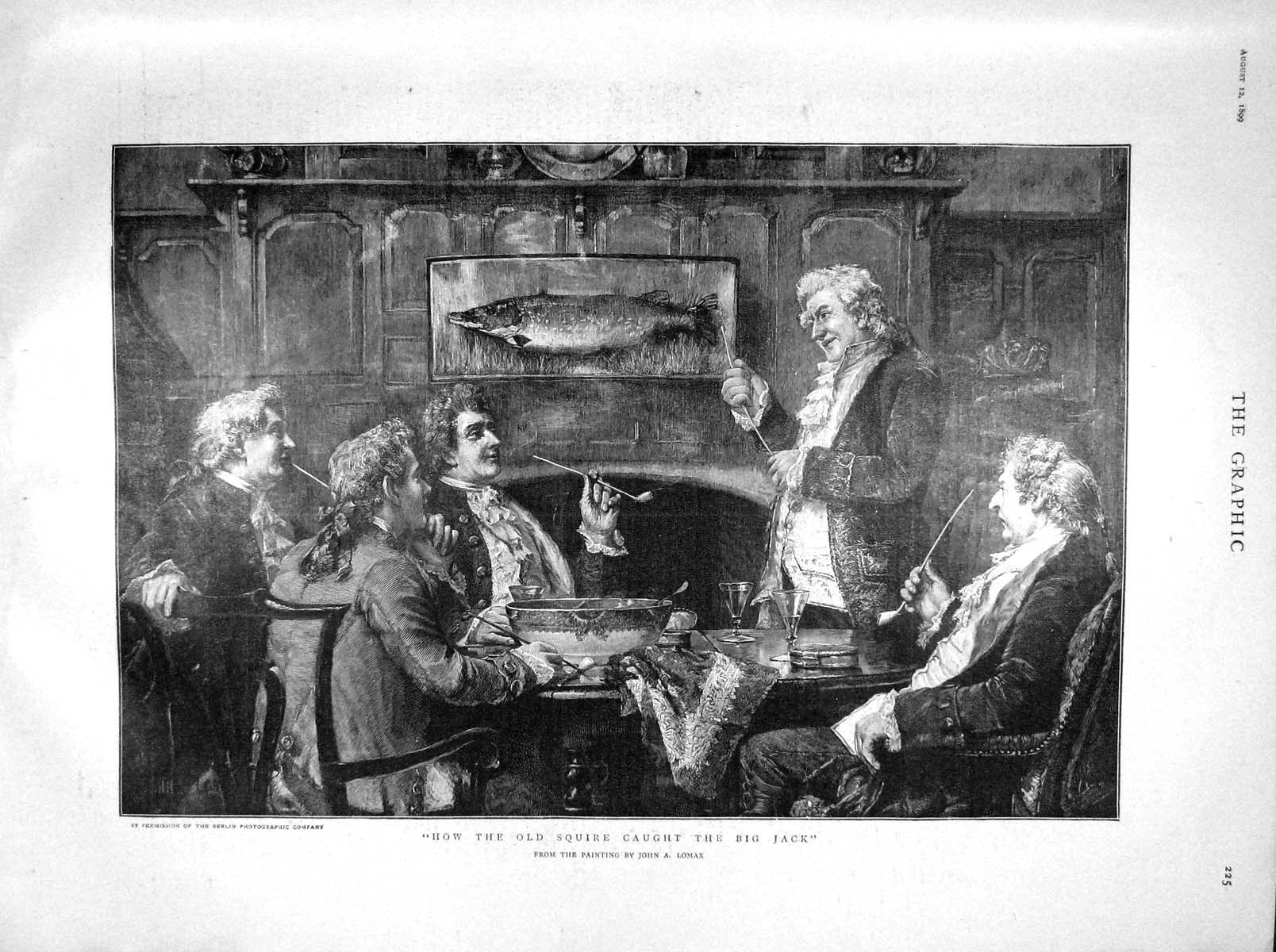 Original Old Antique Print 1899 Men Meeting Suire Caught Big Jack Fish Story
