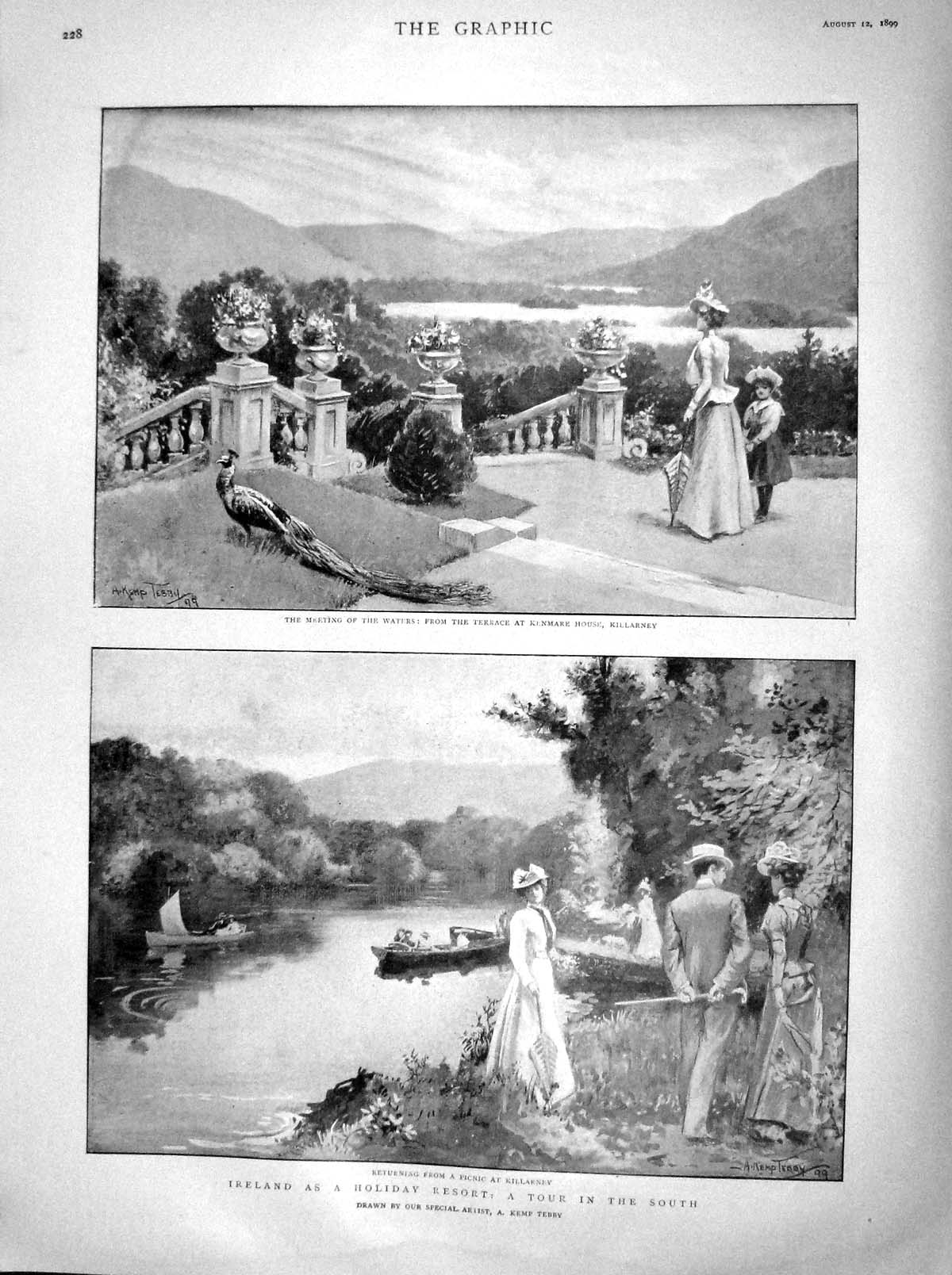 Original Old Antique Print 1899 Ireland Killarney Kenmare Shannon River Steamer
