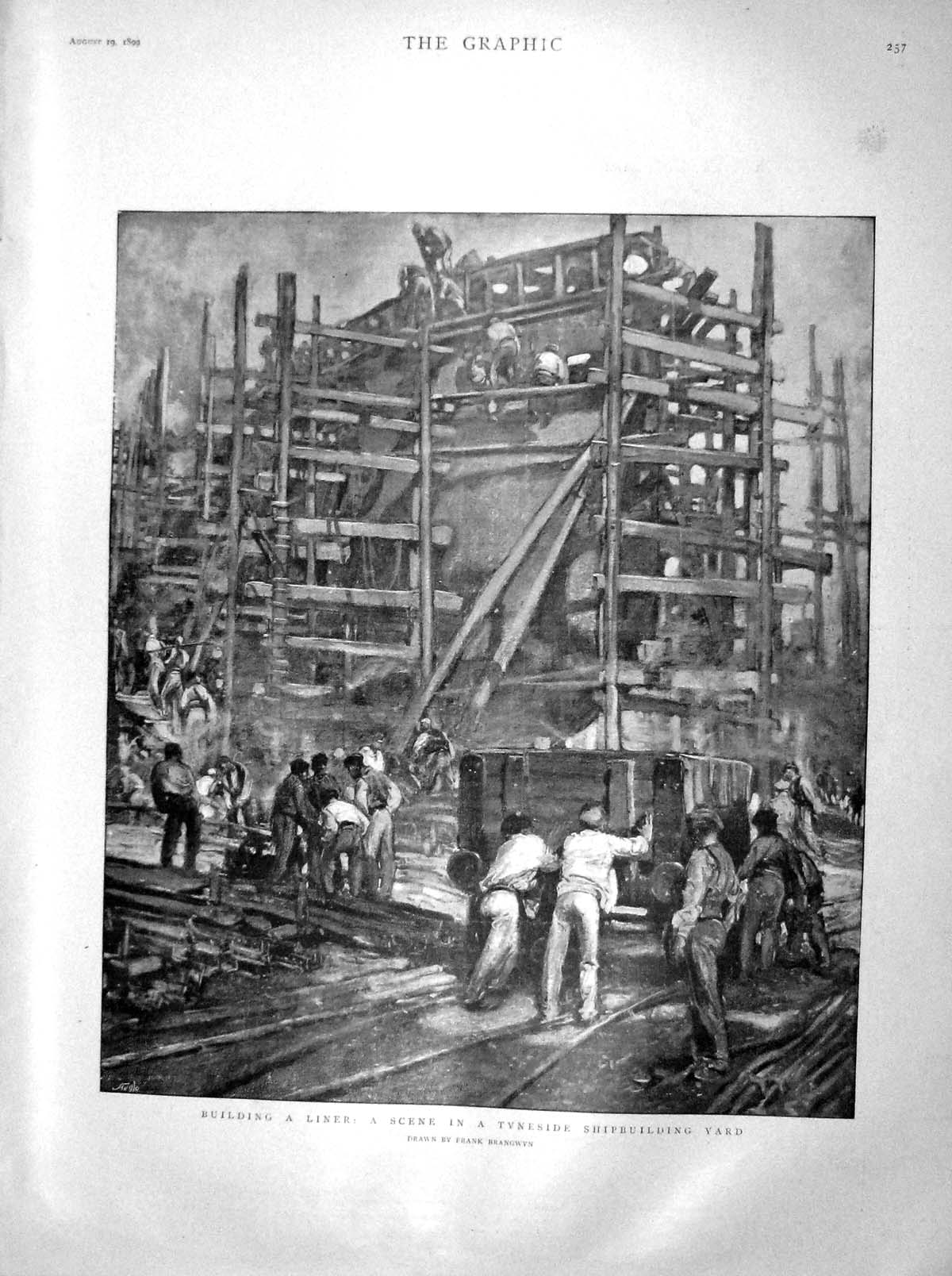 Original Old Antique Print 1899 Tyneside Shipbuilding Yard Osborne Queen 19th