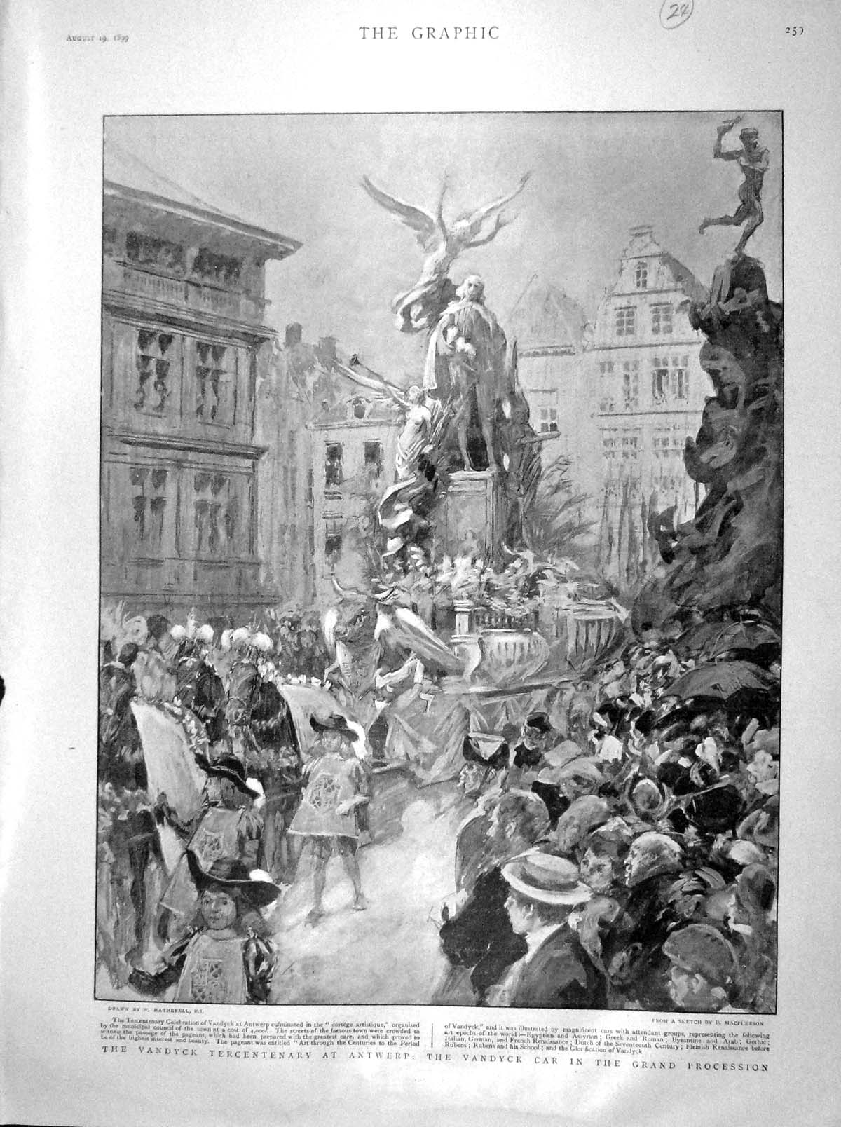 Original Old Antique Print 1899 Vandyck Antwerp Procession Statue Tercentenary