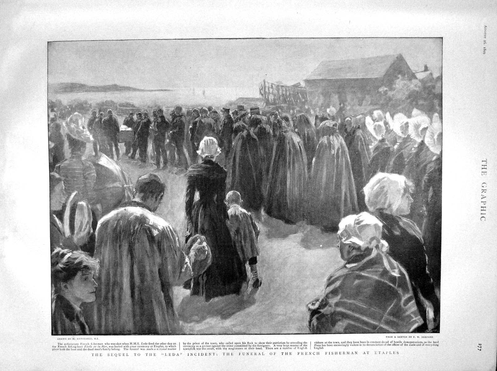 Original Old Antique Print 1899 Funeral French Fisherman Etaples Leda Shi 19th