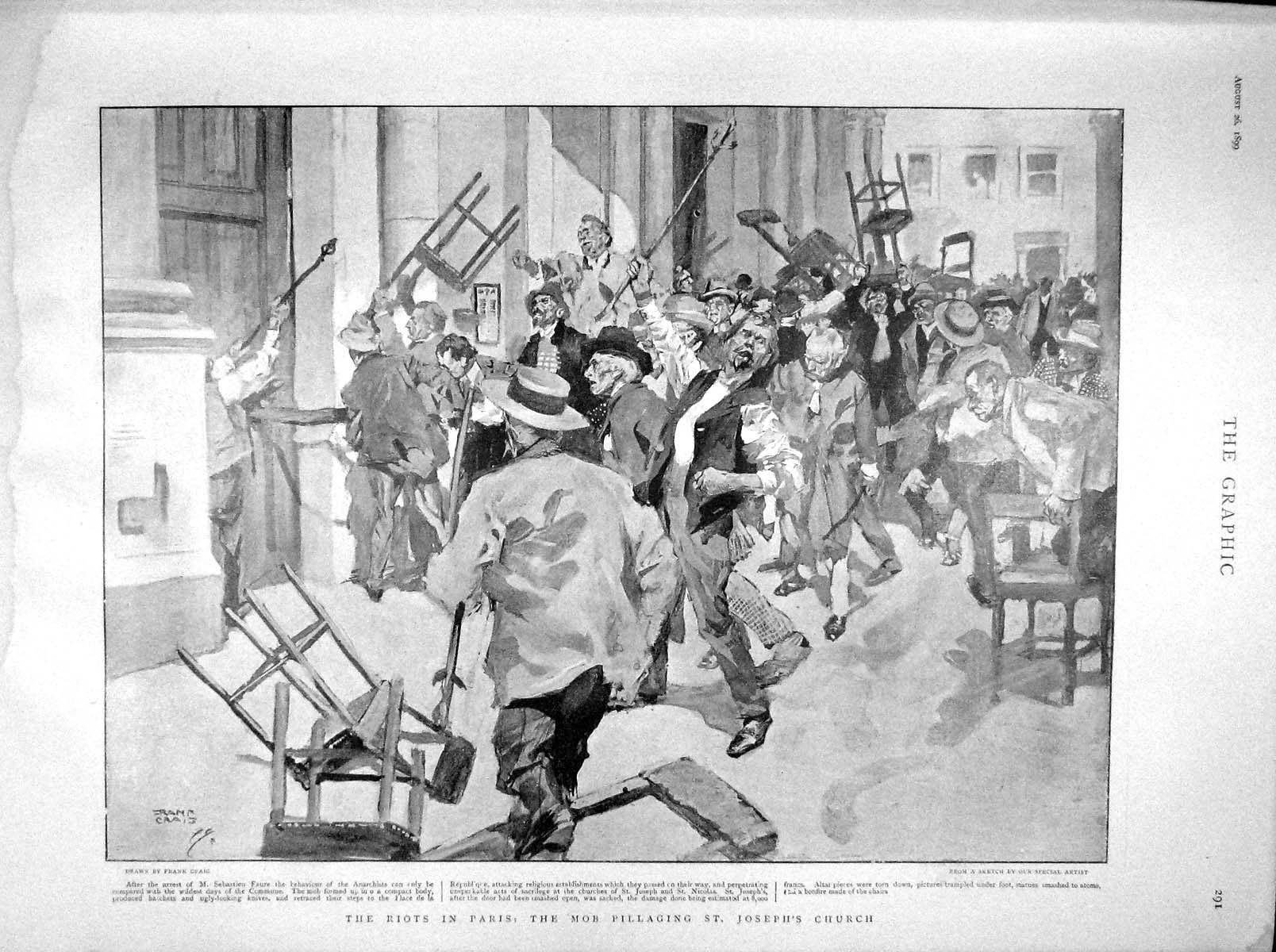 Original Old Antique Print 1899 Riots Paris Mob Joseph'S Church Liverpool Court