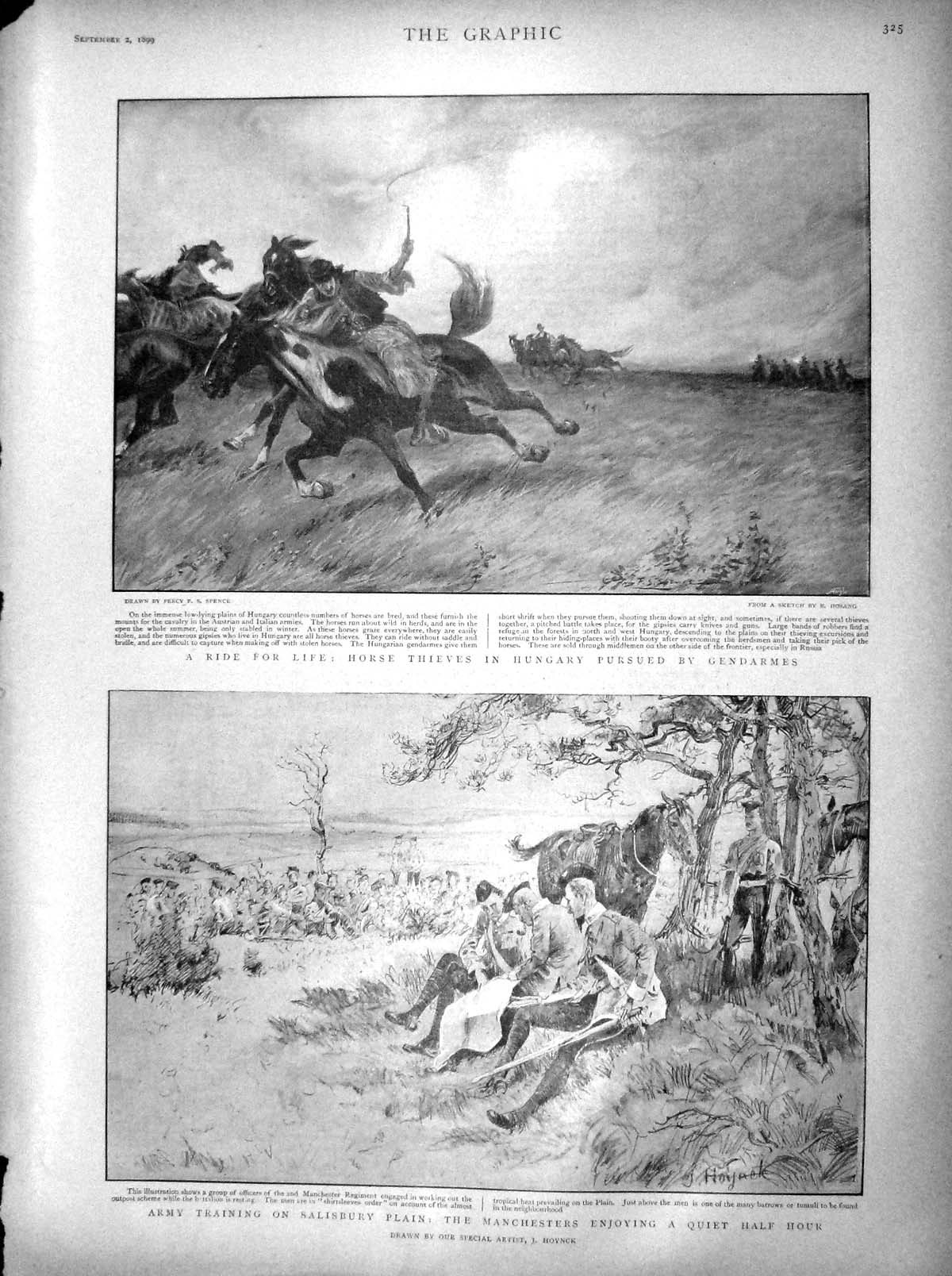 Original Old Antique Print 1899 Horse Thieves Hungary Gendarmes Salisbury Plain