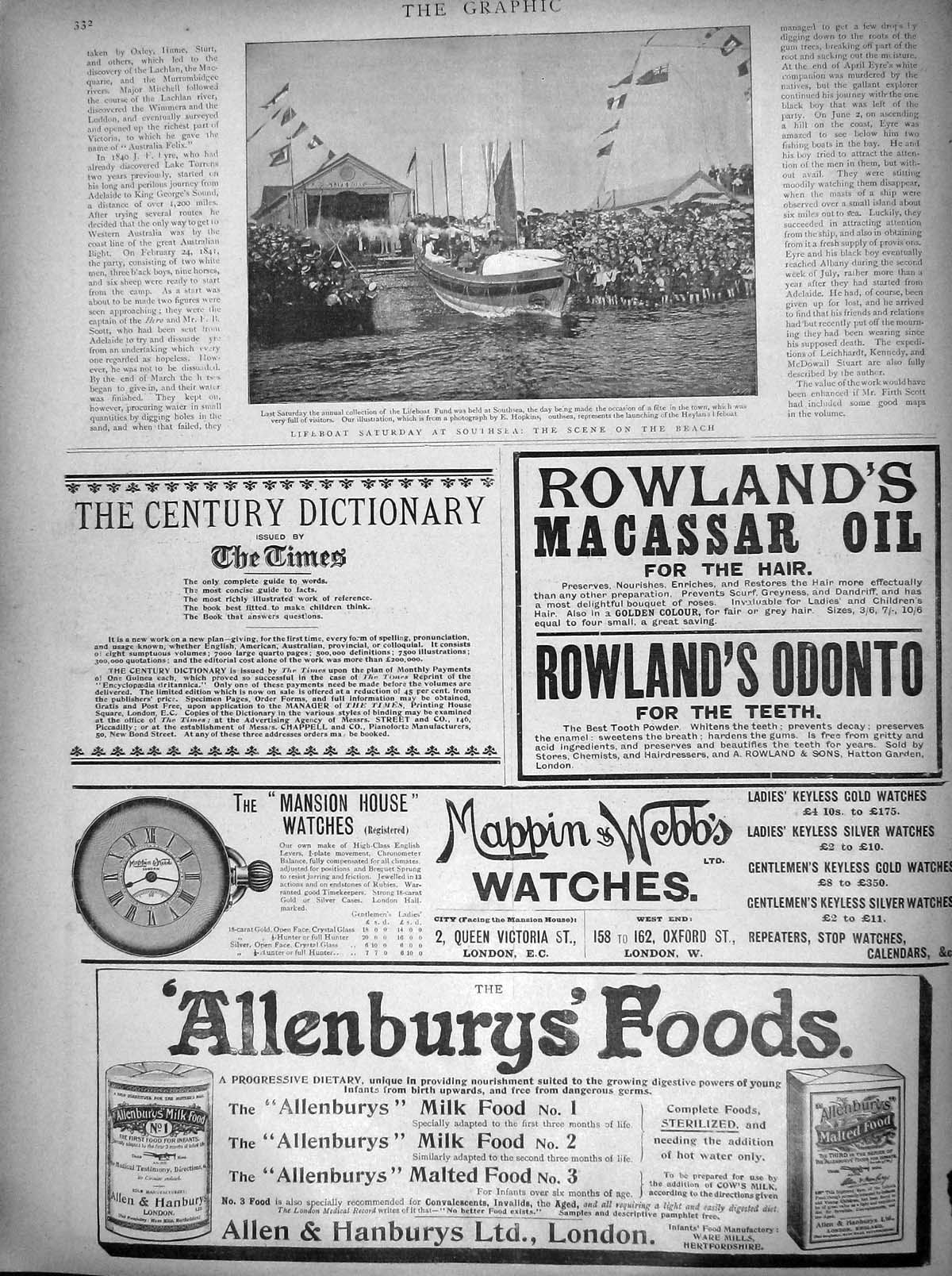 Original Old Antique Print 1899 Lifeboat Southsea Beach Scene Mappin Allenbury