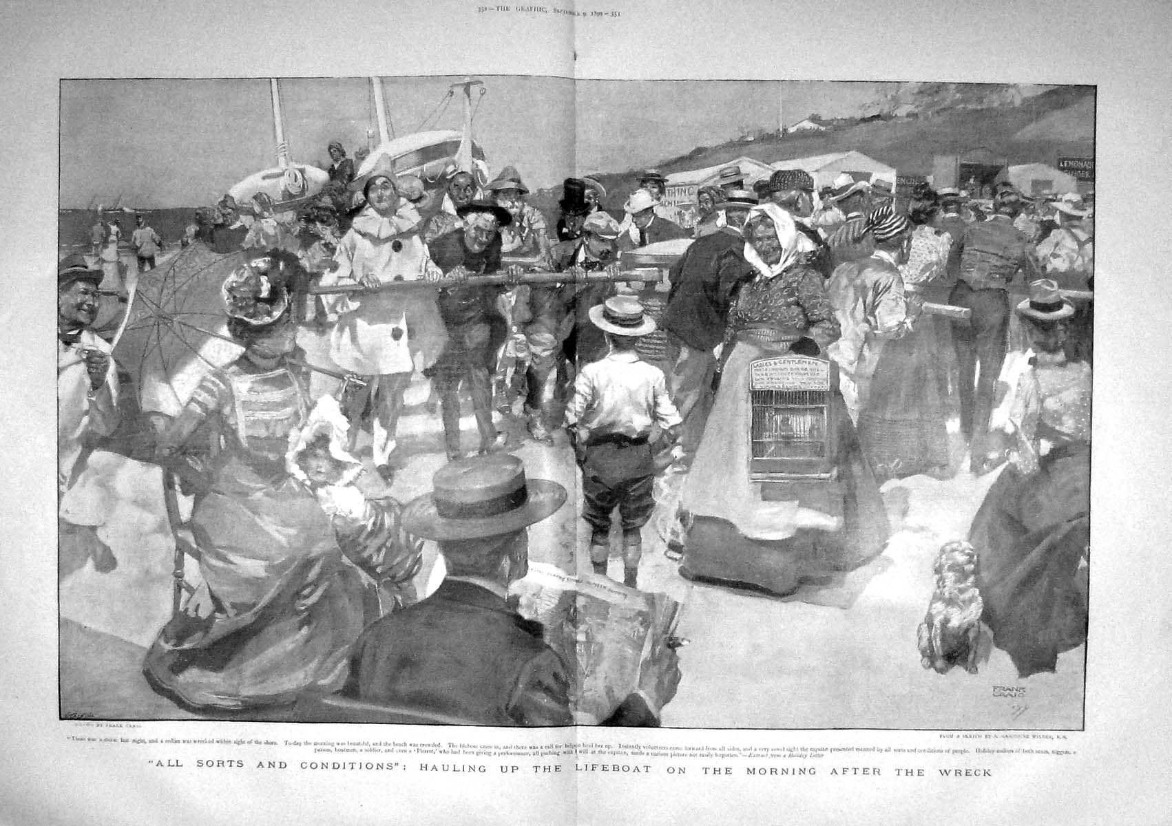Antique Old Print 1899 Scene Hauling Lifeboat After Ship Wreck Volunteers 19th