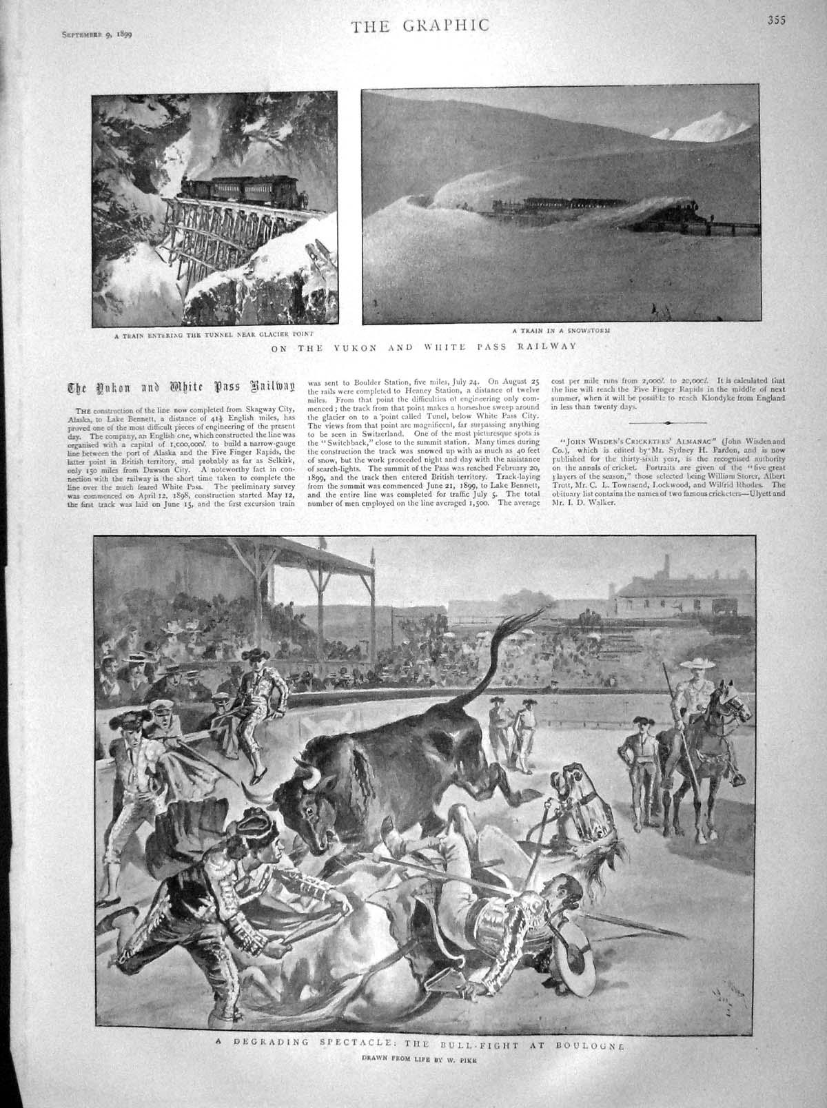 Original Old Antique Print 1899 Bull Fight Boulogne Yukon Railway Horse Dealers
