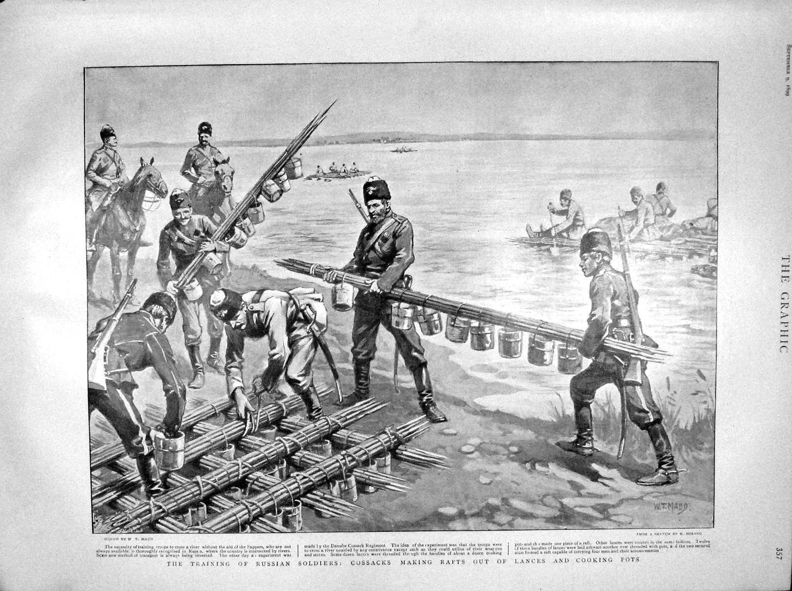 Original Old Antique Print 1899 Russian Siers Cossacks Rafts Burmah Police Goth