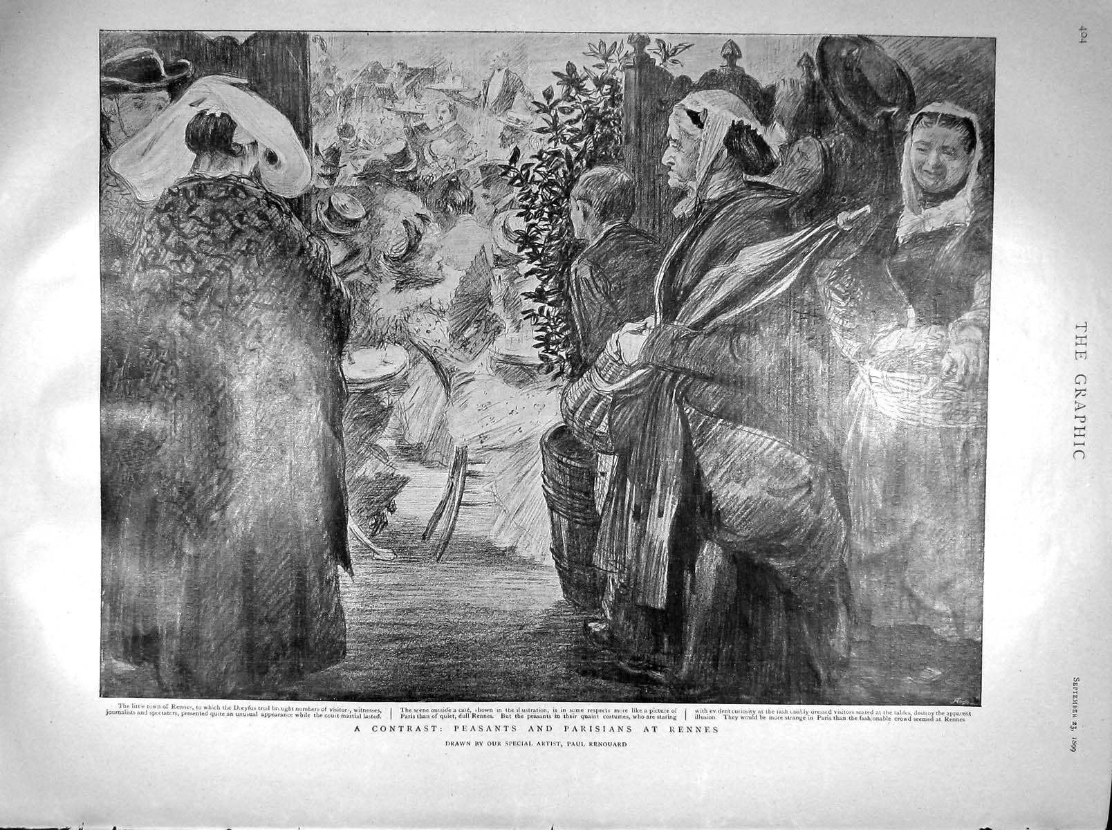 Original Old Antique Print 1899 Peasants Parisians Rennes CafÇ France Victorian