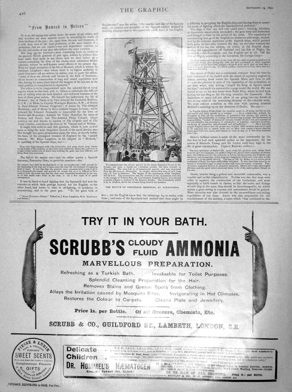 Old Antique Print 1899 Battle Omdurman Memorial Alexandria Scrubb Ammonia 19th