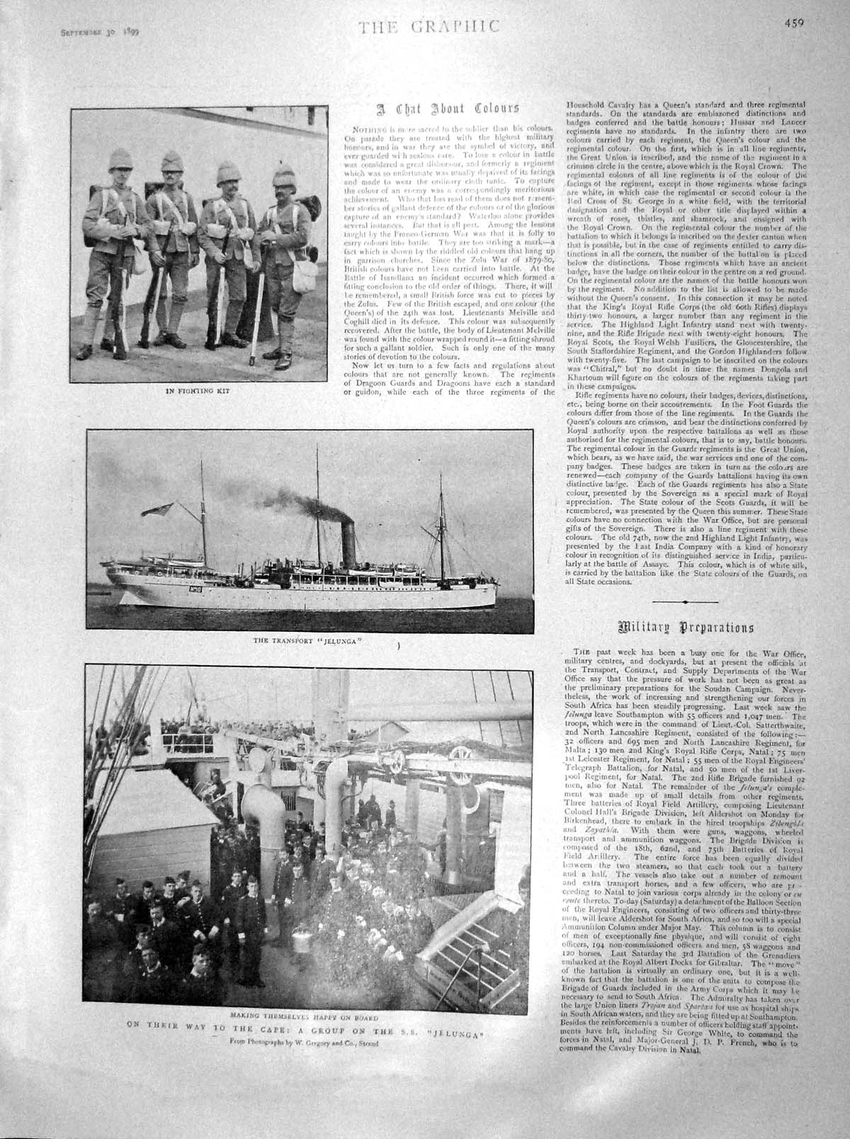 Original Old Antique Print 1899 Siers War Transport Ship Jelunga Cape Town 19th