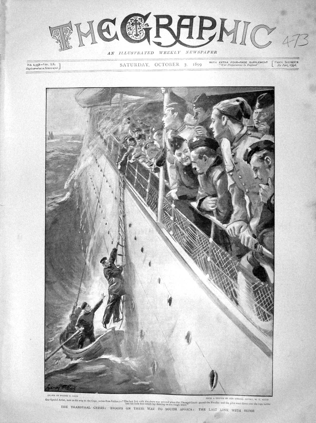 Original Old Antique Print 1899 Transvaal War Ship Tintagel Castle Boer Siers