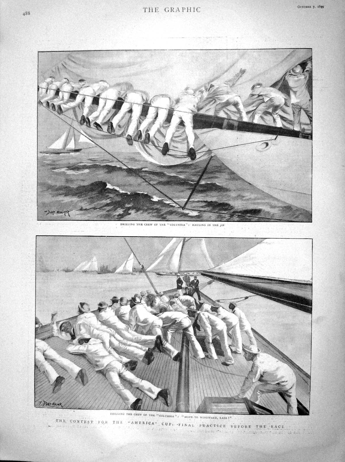 Original Old Antique Print 1899 America Yacht Columbia Joubert Thermopylea Ship
