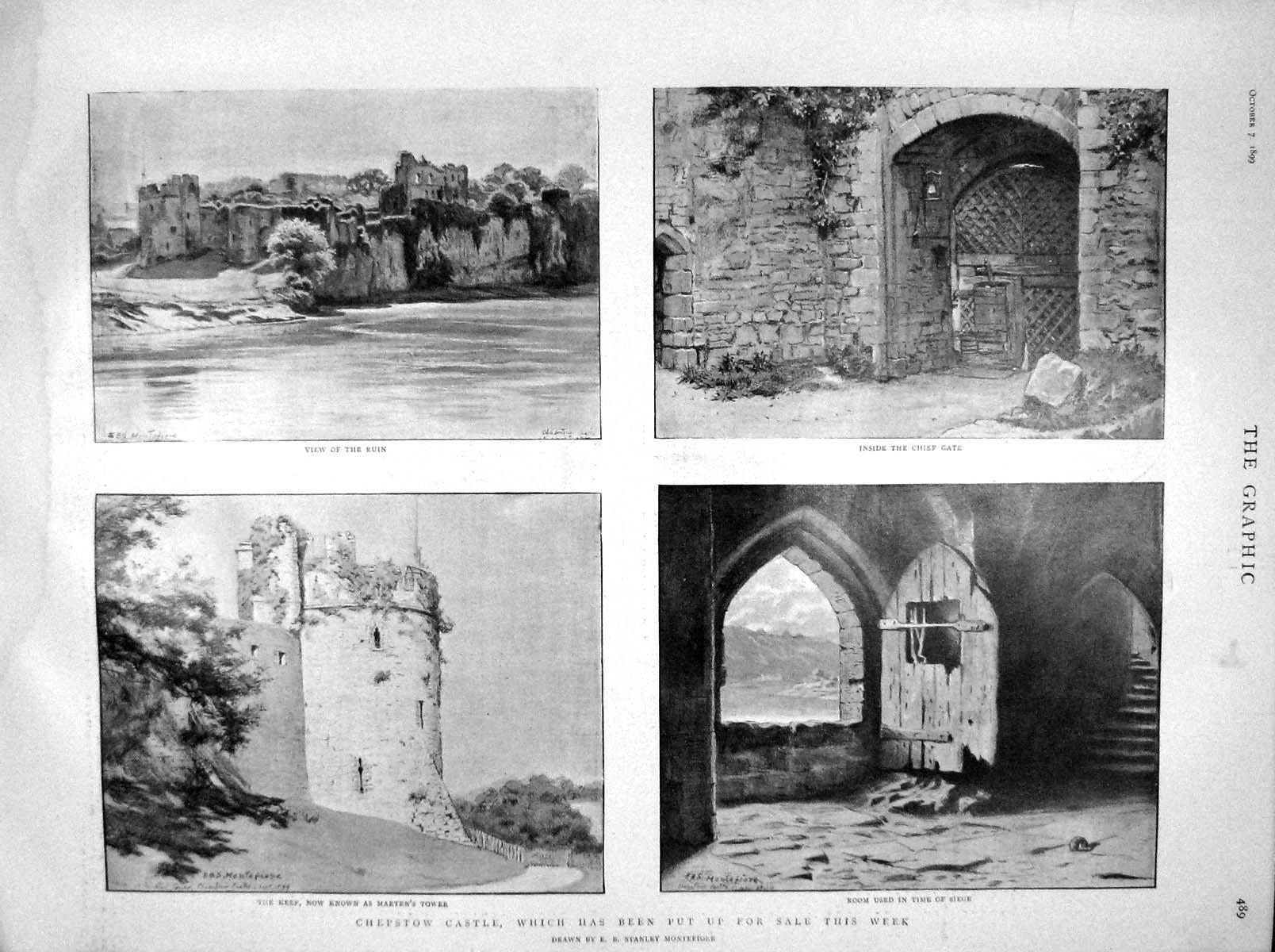 Original Old Antique Print 1899 Chepstown Castle Chief Gate Marten'S Tower Keep