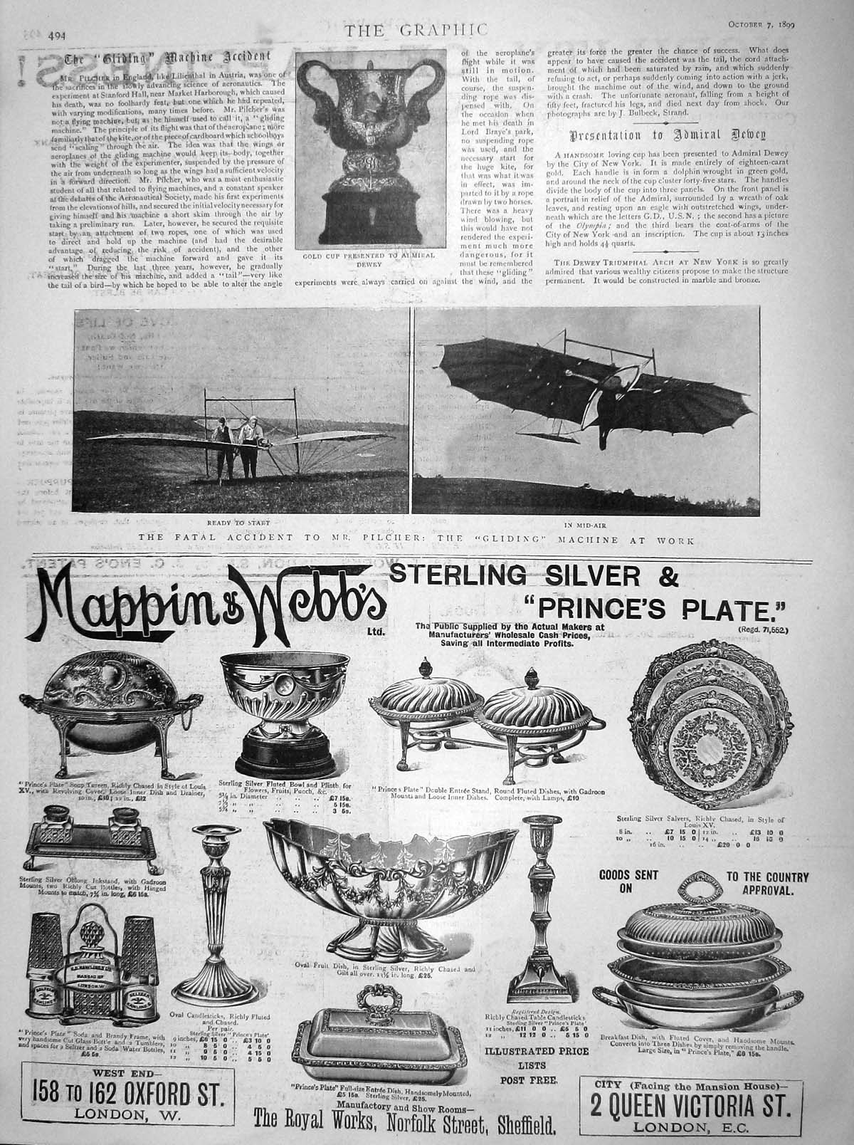 Old Antique Print 1899 Accident Pilcher Gliding Machine Cup Admiral Dewey 19th
